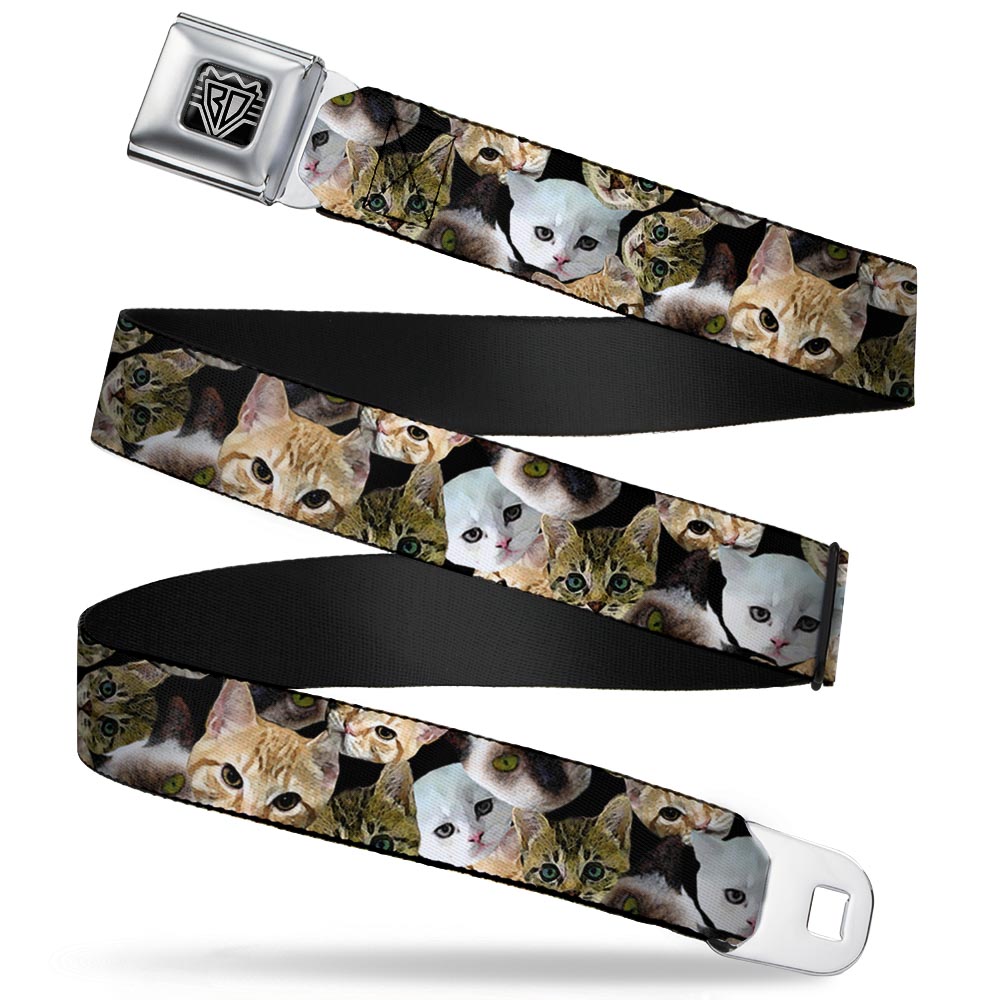 BD Wings Logo CLOSE-UP Full Color Black Silver Seatbelt Belt - Kitten Faces Scattered Black Webbing Seatbelt Belts Buckle-Down