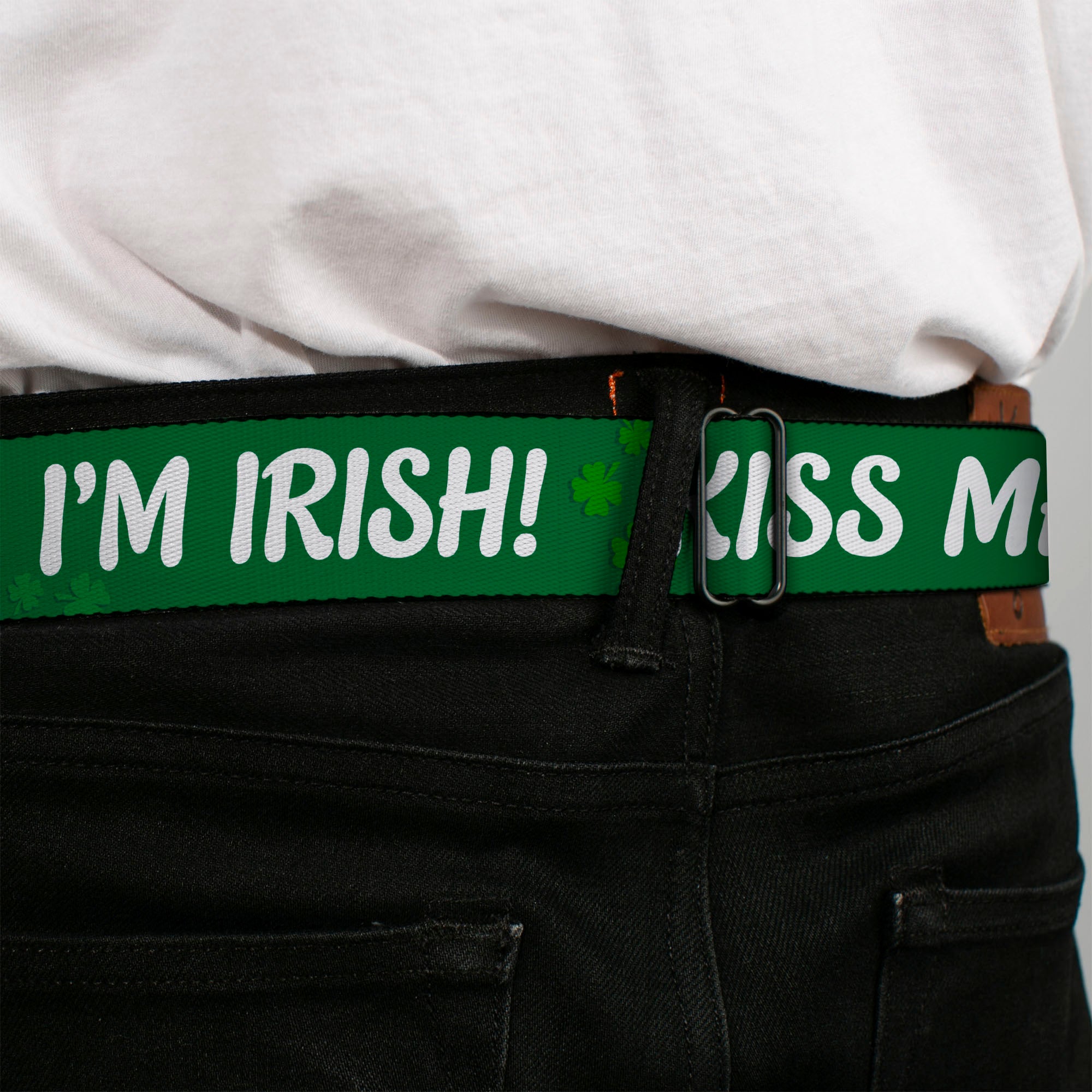 BD Wings Logo CLOSE-UP Full Color Black Silver Seatbelt Belt - KISS ME, I'M IRISH! Clovers Green/White Webbing Seatbelt Belts Buckle-Down