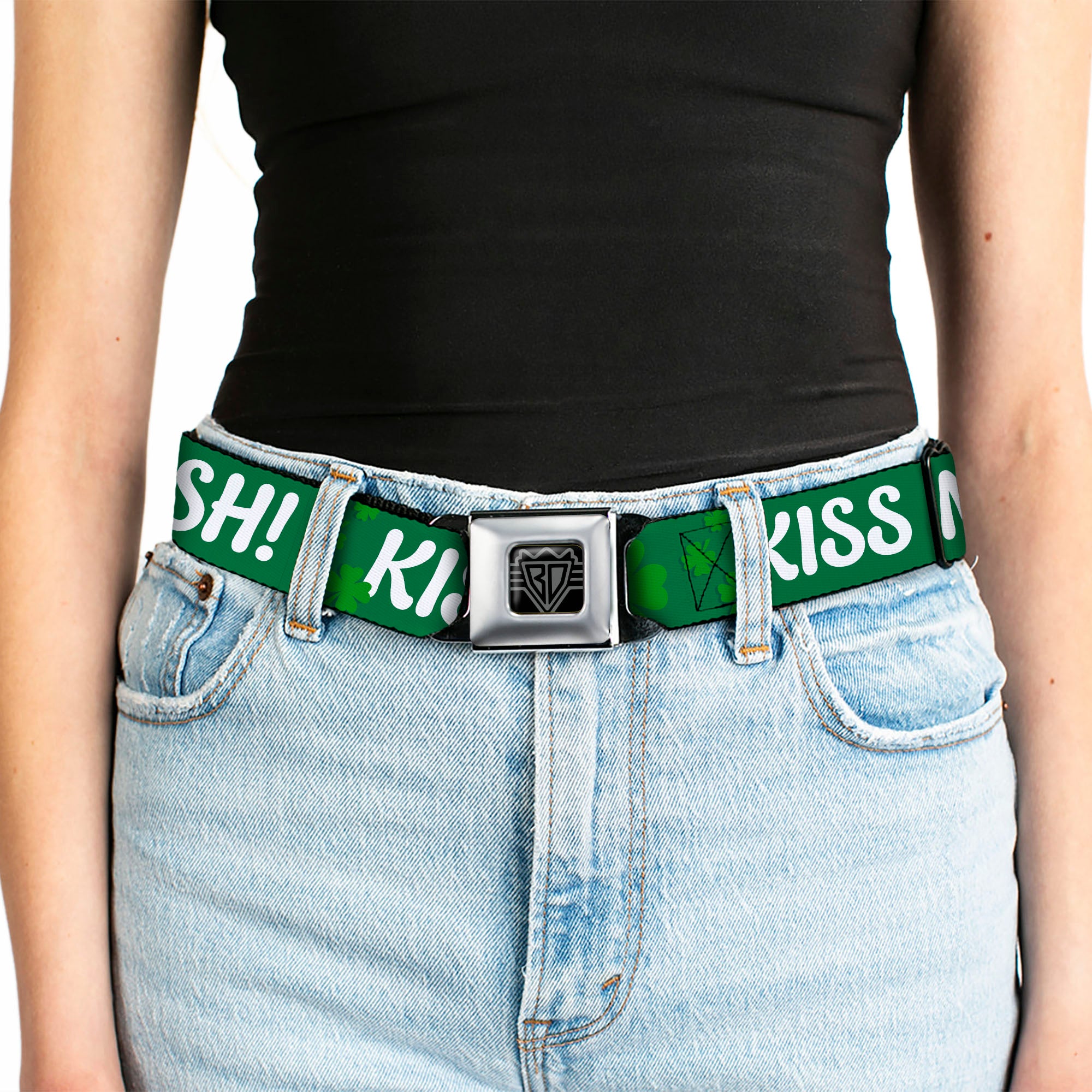 BD Wings Logo CLOSE-UP Full Color Black Silver Seatbelt Belt - KISS ME, I'M IRISH! Clovers Green/White Webbing Seatbelt Belts Buckle-Down