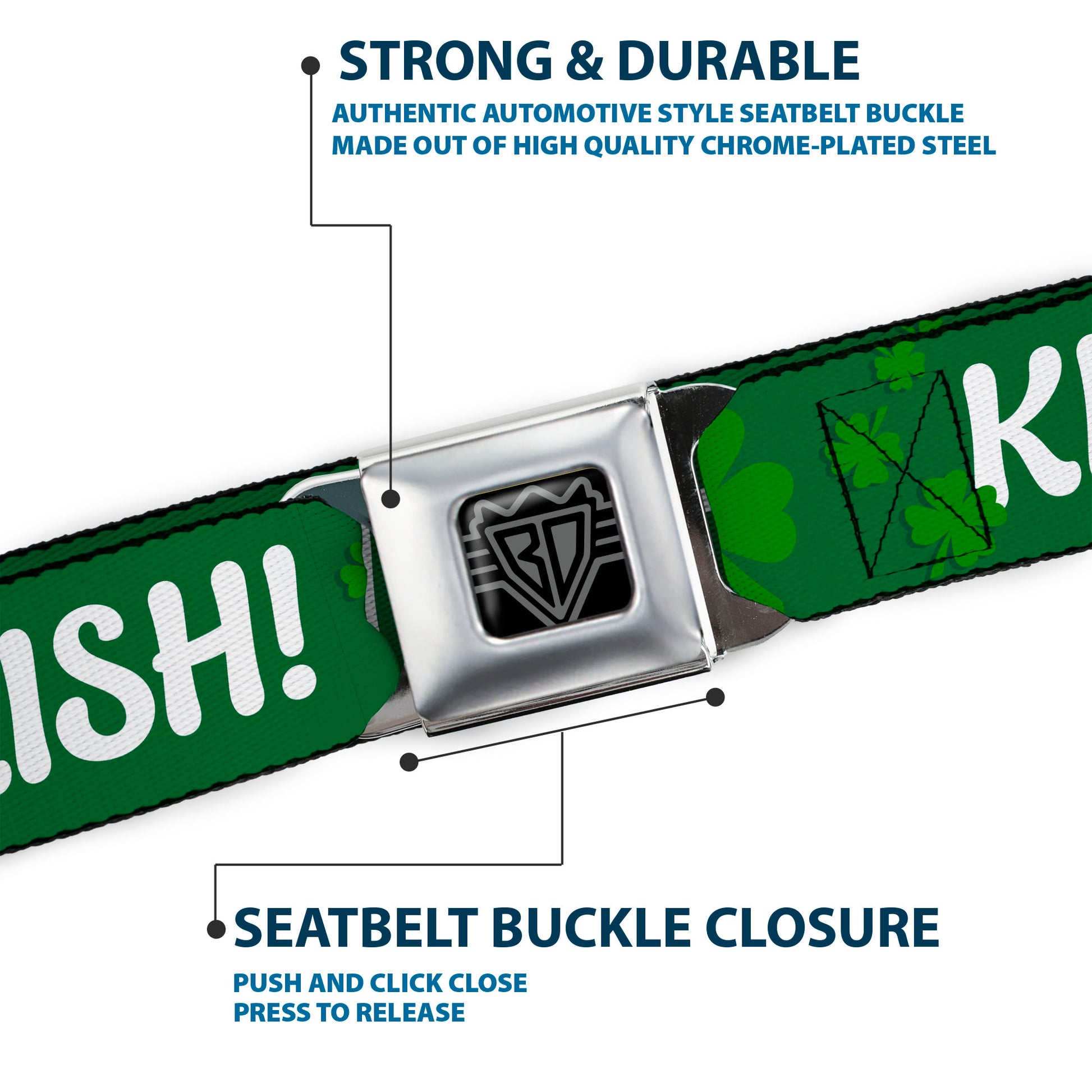 BD Wings Logo CLOSE-UP Full Color Black Silver Seatbelt Belt - KISS ME, I'M IRISH! Clovers Green/White Webbing Seatbelt Belts Buckle-Down