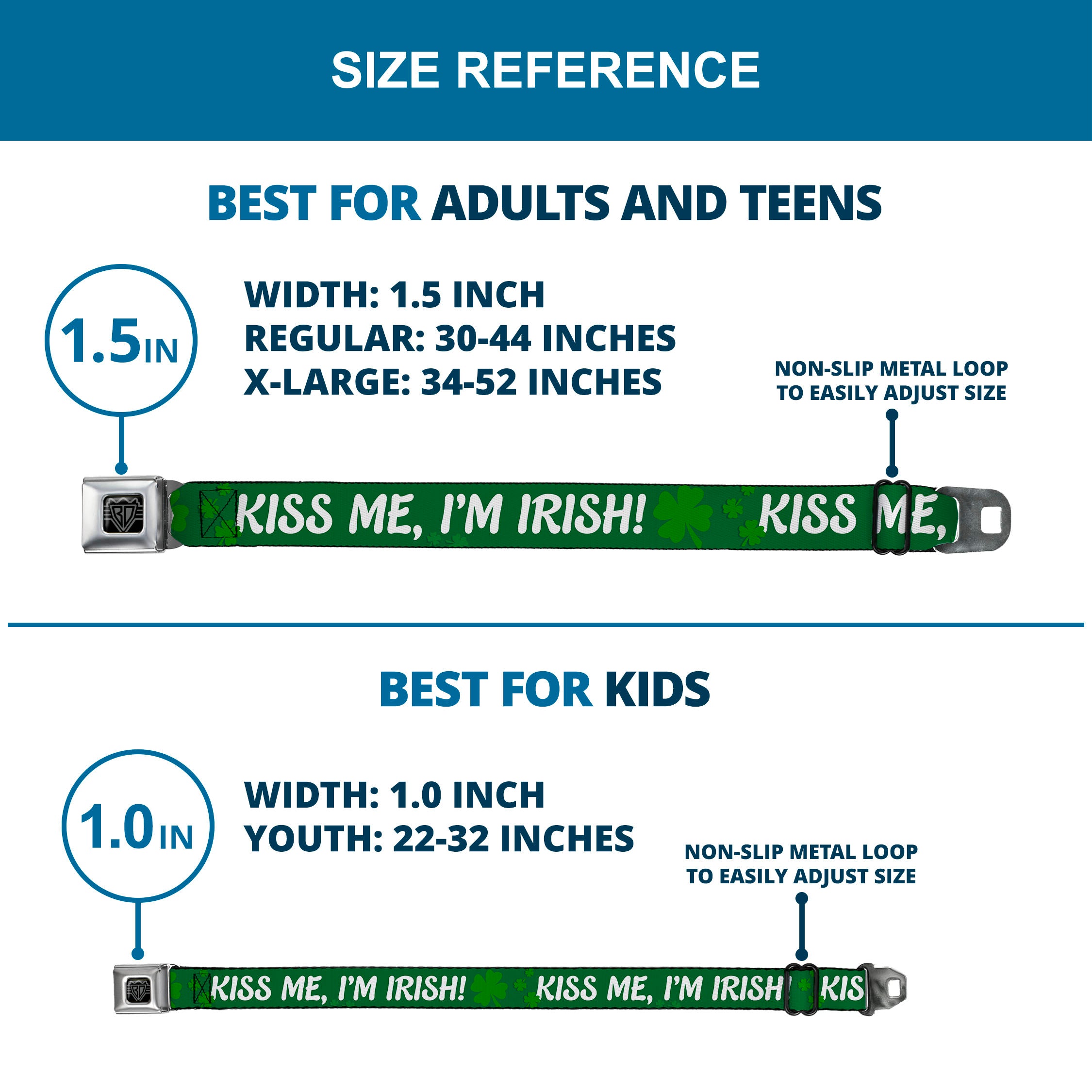 BD Wings Logo CLOSE-UP Full Color Black Silver Seatbelt Belt - KISS ME, I'M IRISH! Clovers Green/White Webbing Seatbelt Belts Buckle-Down