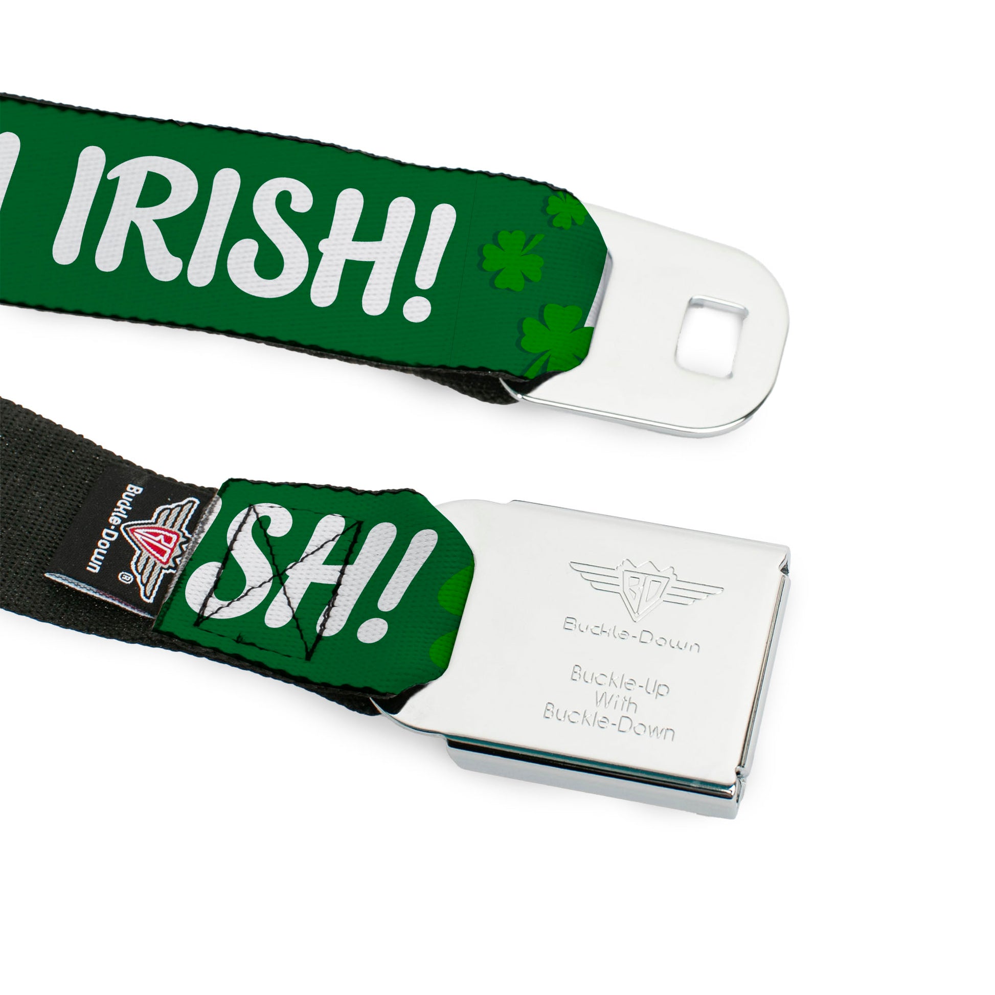 BD Wings Logo CLOSE-UP Full Color Black Silver Seatbelt Belt - KISS ME, I'M IRISH! Clovers Green/White Webbing Seatbelt Belts Buckle-Down