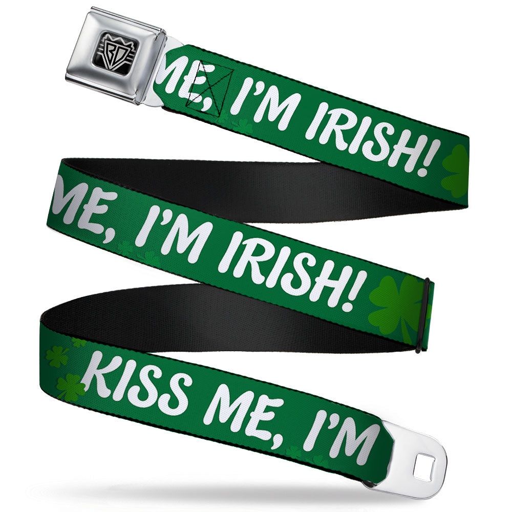 BD Wings Logo CLOSE-UP Full Color Black Silver Seatbelt Belt - KISS ME, I'M IRISH! Clovers Green/White Webbing Seatbelt Belts Buckle-Down