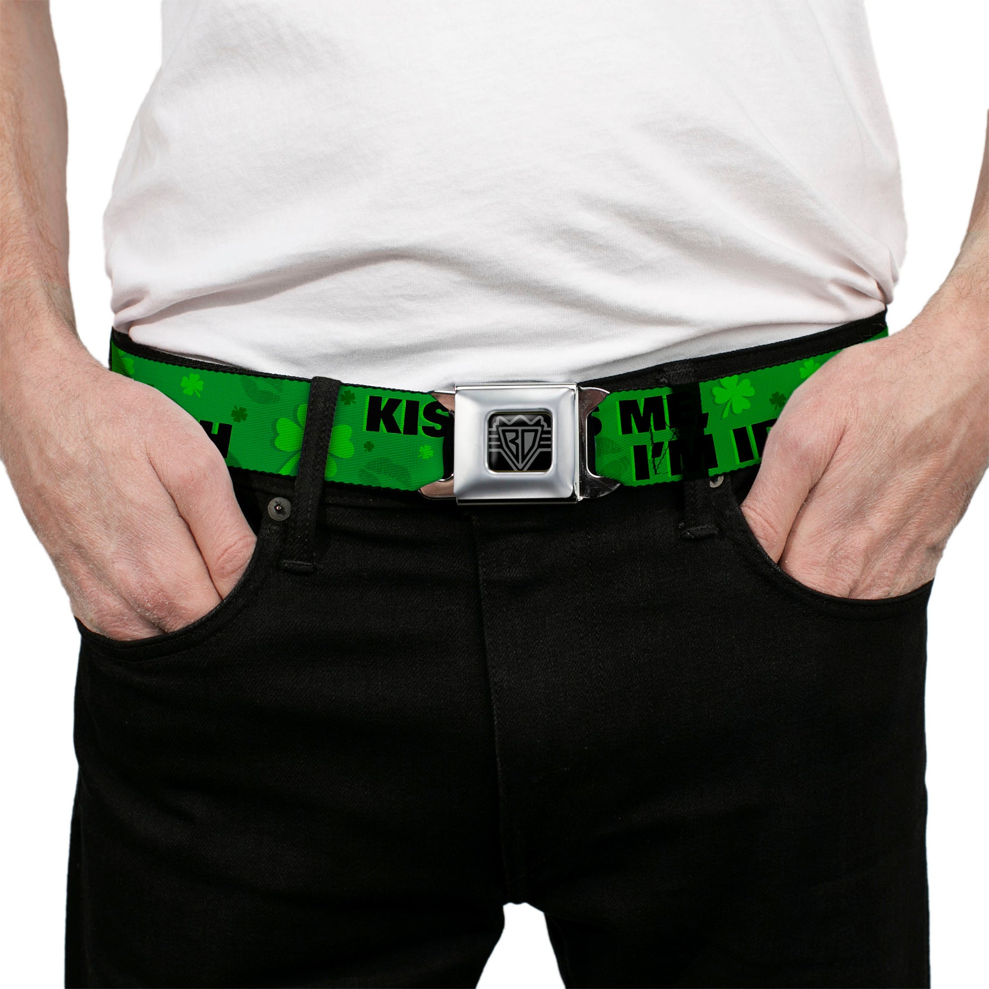 BD Wings Logo CLOSE-UP Full Color Black Silver Seatbelt Belt - KISS ME, I'M IRISH! Clovers/Kisses Greens/Black Webbing Seatbelt Belts Buckle-Down