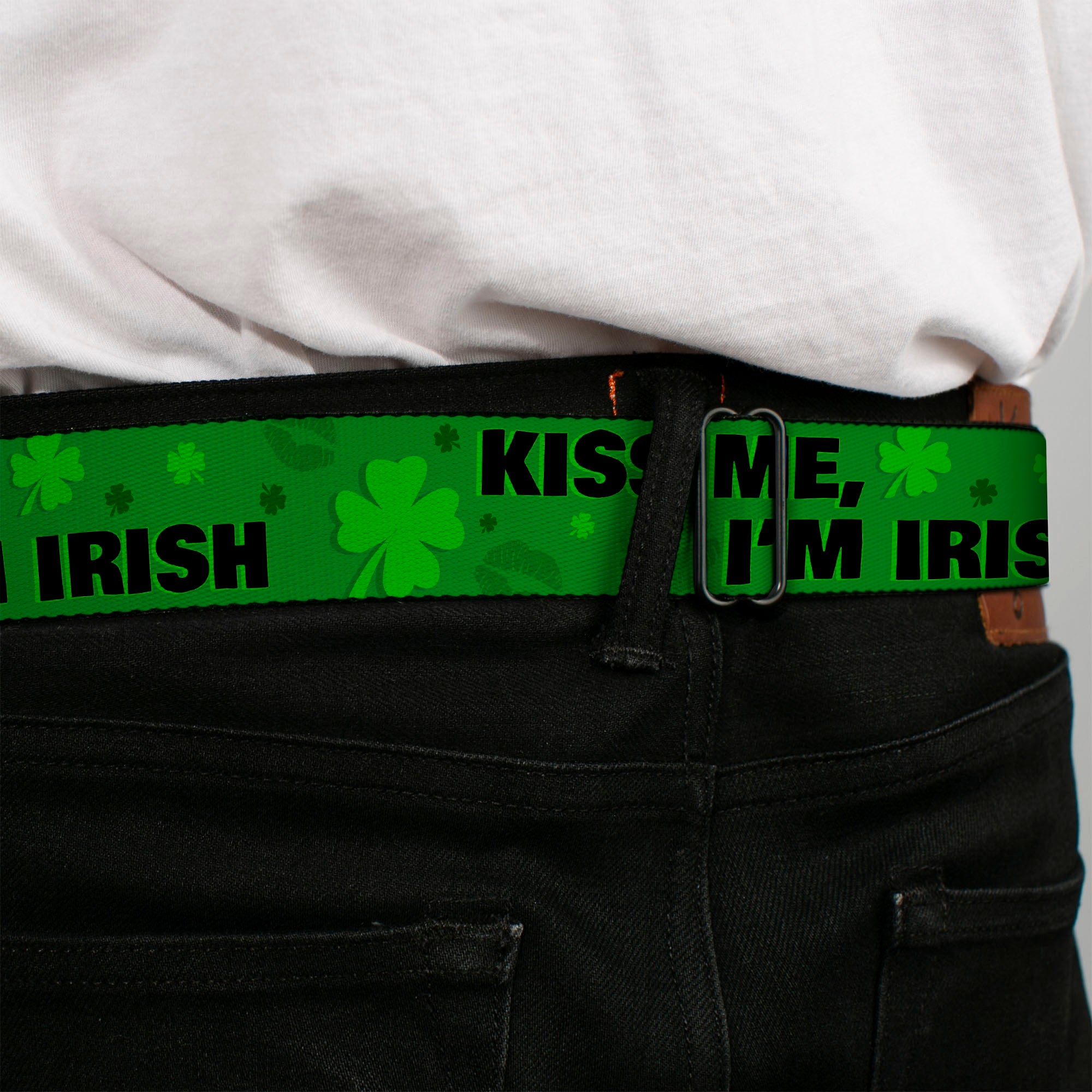 BD Wings Logo CLOSE-UP Full Color Black Silver Seatbelt Belt - KISS ME, I'M IRISH! Clovers/Kisses Greens/Black Webbing Seatbelt Belts Buckle-Down