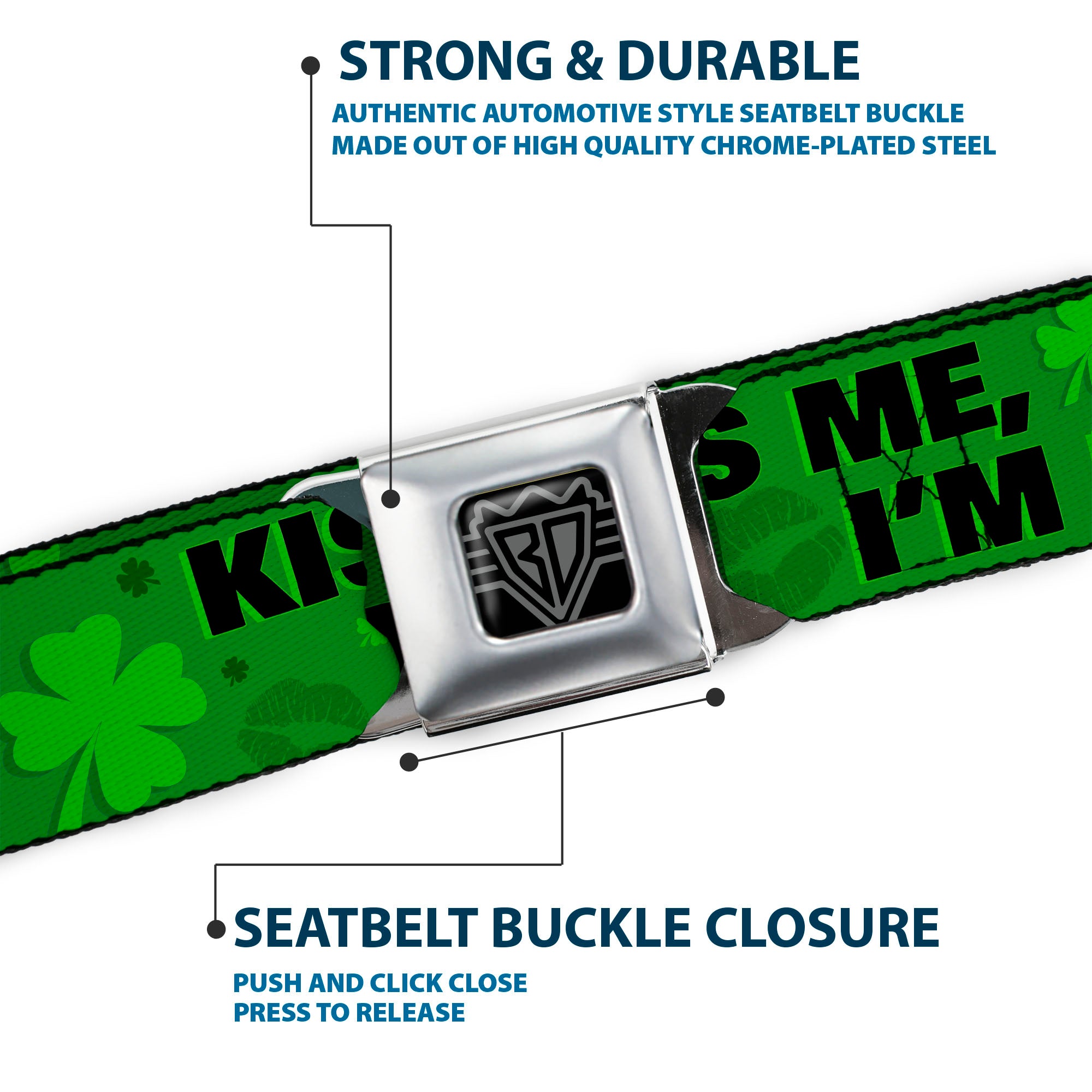 BD Wings Logo CLOSE-UP Full Color Black Silver Seatbelt Belt - KISS ME, I'M IRISH! Clovers/Kisses Greens/Black Webbing Seatbelt Belts Buckle-Down