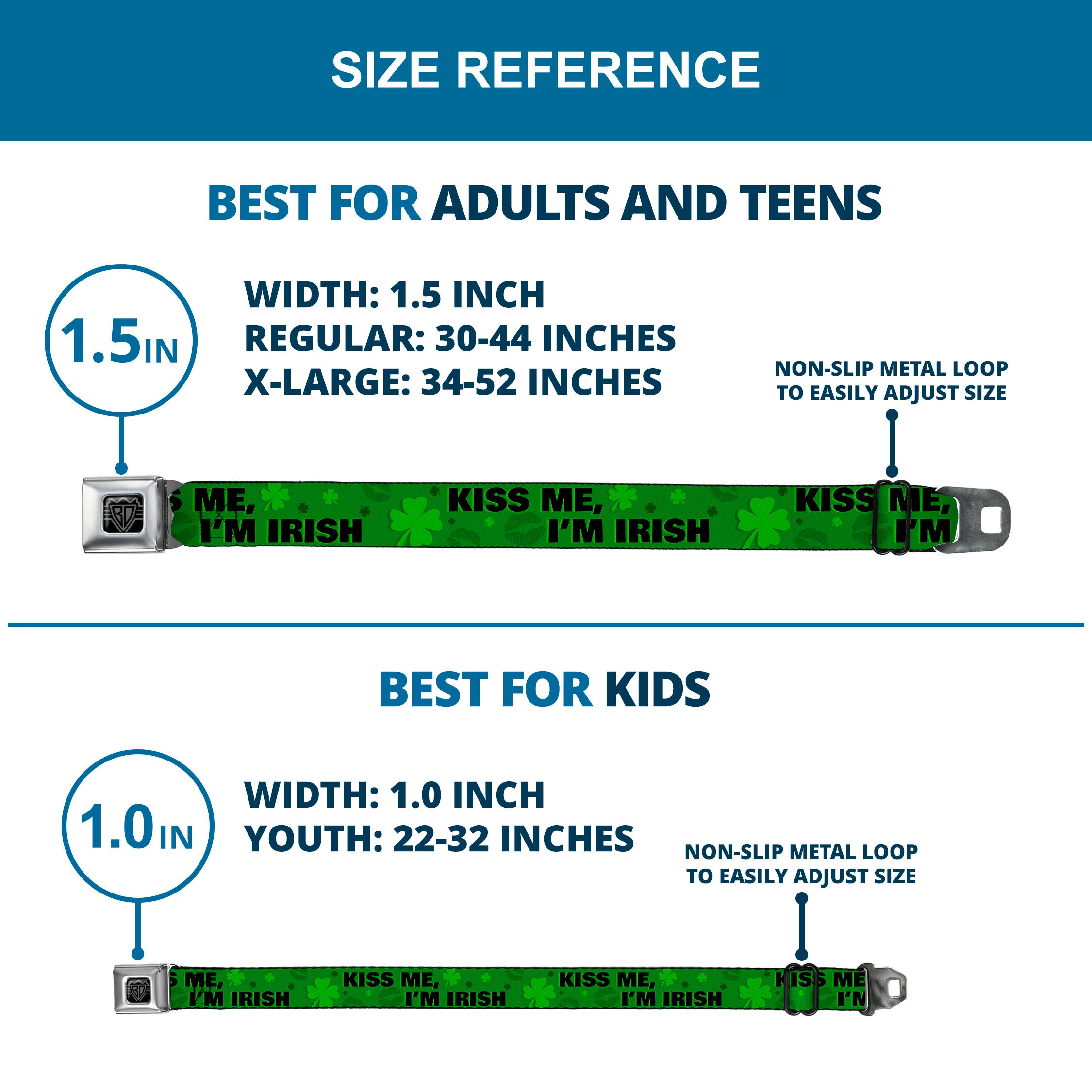 BD Wings Logo CLOSE-UP Full Color Black Silver Seatbelt Belt - KISS ME, I'M IRISH! Clovers/Kisses Greens/Black Webbing Seatbelt Belts Buckle-Down