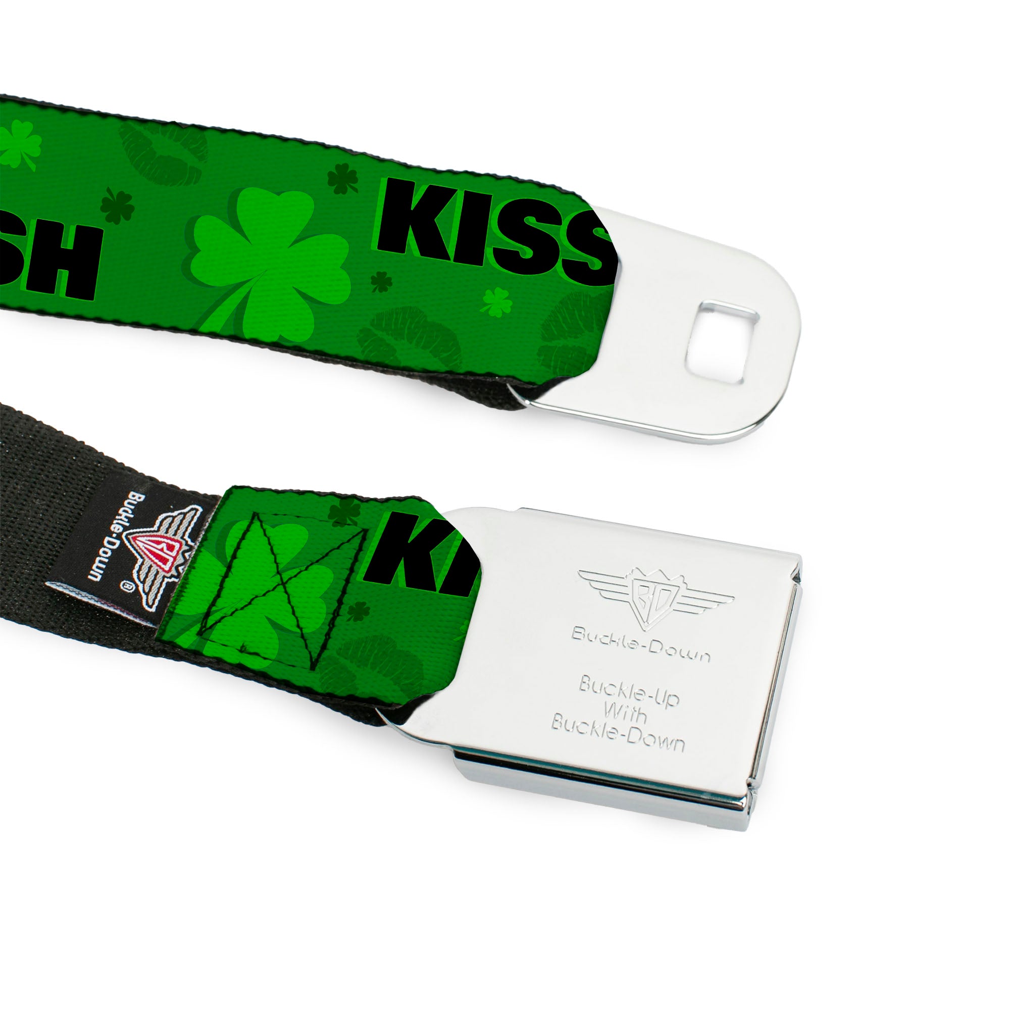 BD Wings Logo CLOSE-UP Full Color Black Silver Seatbelt Belt - KISS ME, I'M IRISH! Clovers/Kisses Greens/Black Webbing Seatbelt Belts Buckle-Down