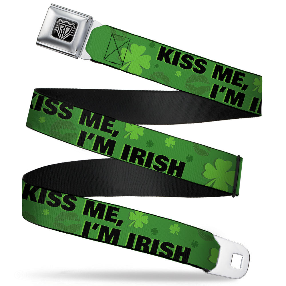 BD Wings Logo CLOSE-UP Full Color Black Silver Seatbelt Belt - KISS ME, I'M IRISH! Clovers/Kisses Greens/Black Webbing Seatbelt Belts Buckle-Down