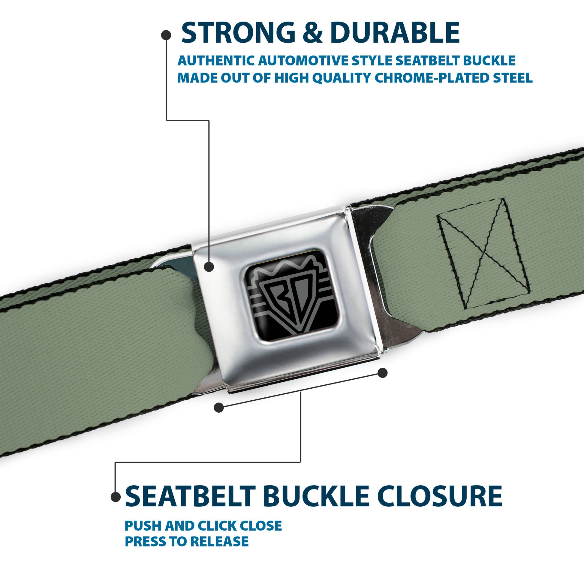 BD Wings Logo CLOSE-UP Full Color Black Silver Seatbelt Belt - Khaki Green Webbing Seatbelt Belts Buckle-Down