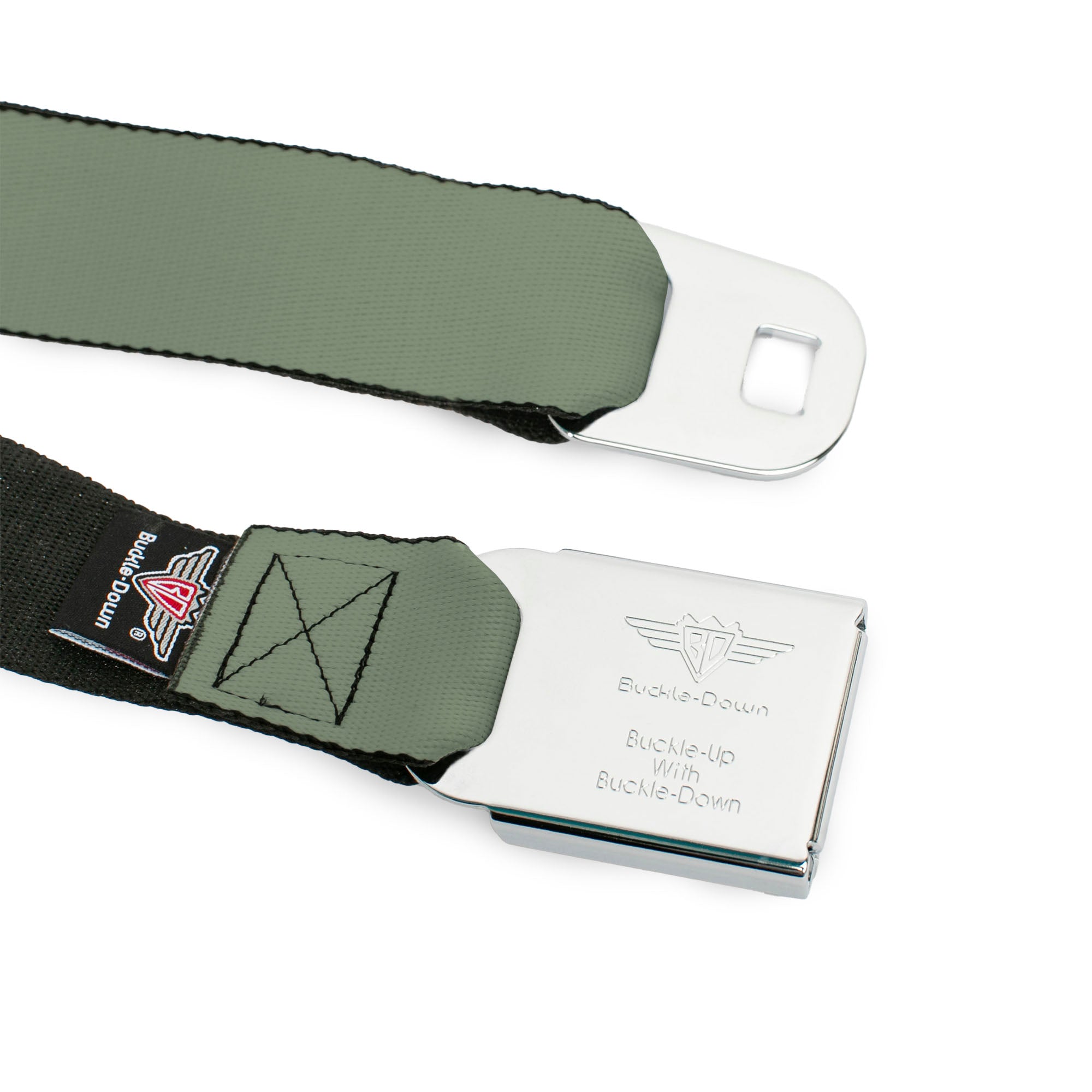 BD Wings Logo CLOSE-UP Full Color Black Silver Seatbelt Belt - Khaki Green Webbing Seatbelt Belts Buckle-Down