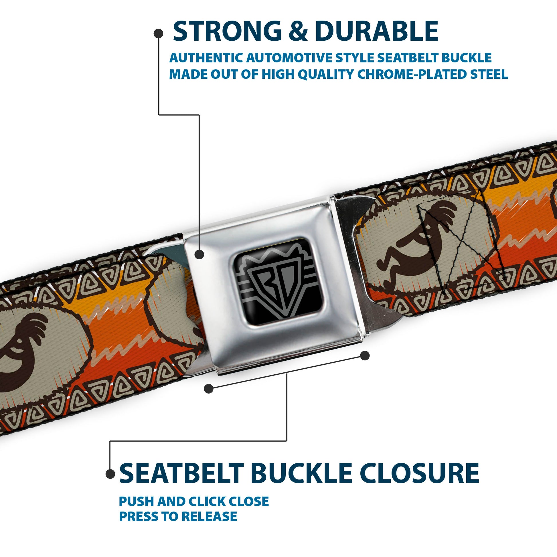 BD Wings Logo CLOSE-UP Full Color Black Silver Seatbelt Belt - Kokopelli Icon/Western Tan/Brown/Reds Webbing Seatbelt Belts Buckle-Down