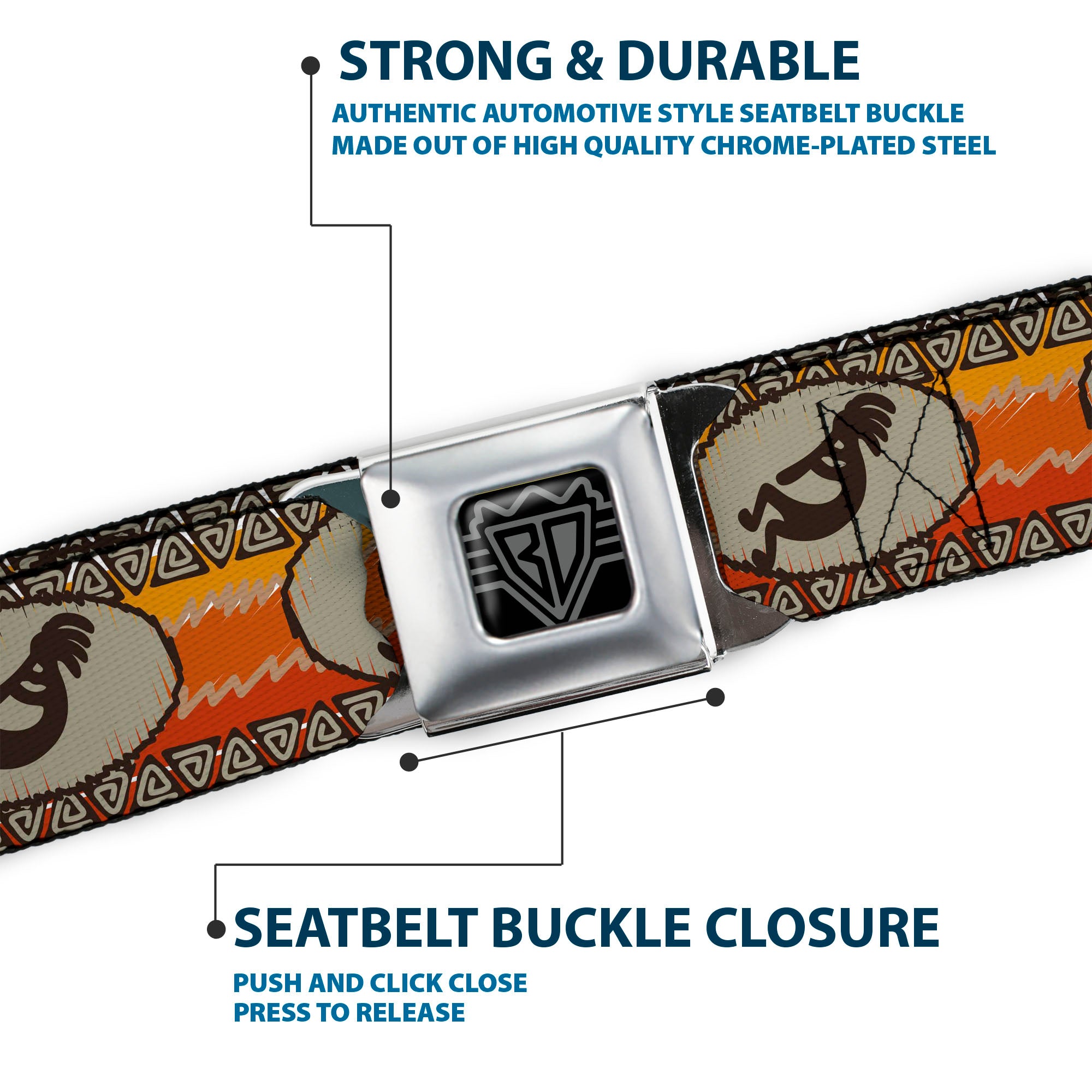 BD Wings Logo CLOSE-UP Full Color Black Silver Seatbelt Belt - Kokopelli Icon/Western Tan/Brown/Reds Webbing Seatbelt Belts Buckle-Down
