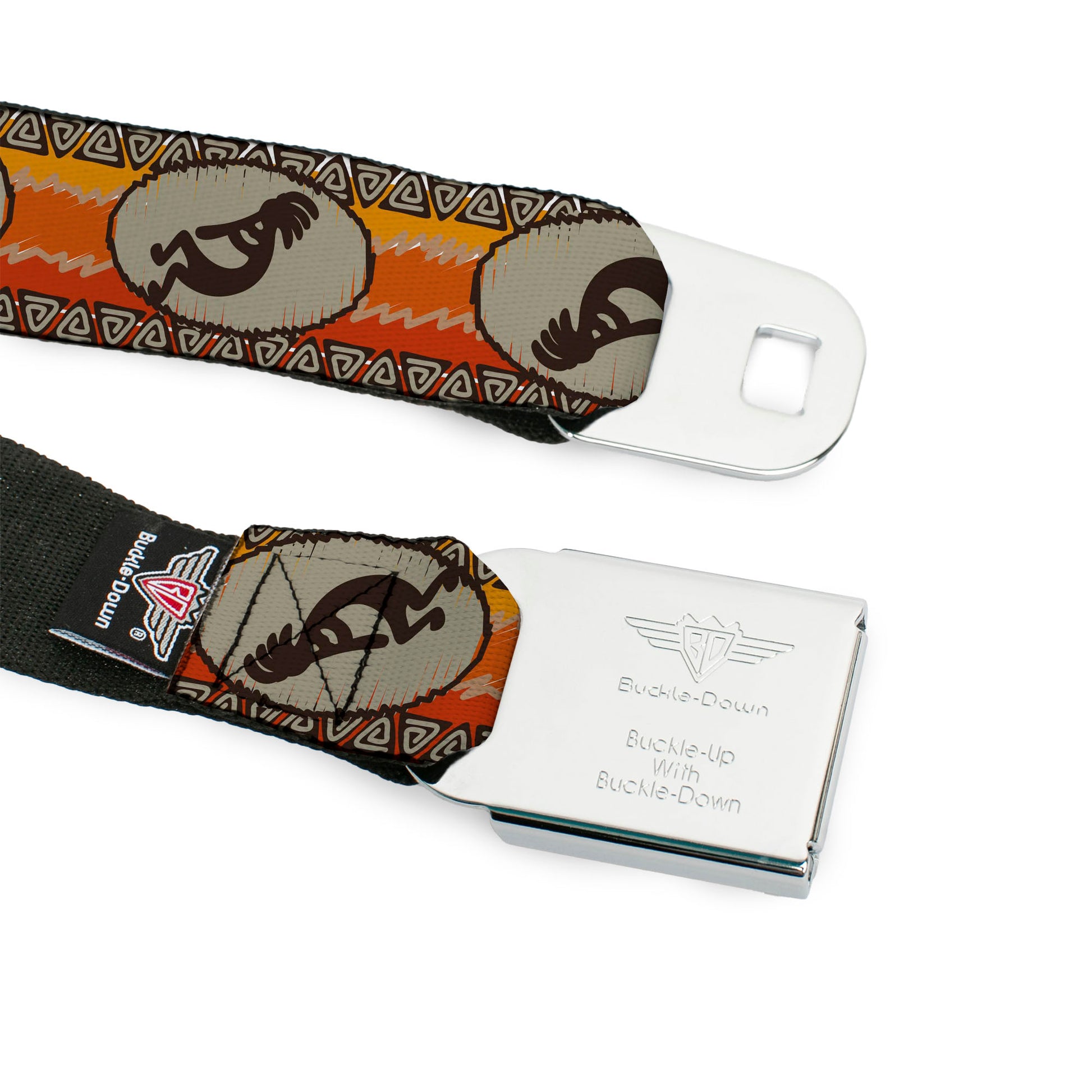 BD Wings Logo CLOSE-UP Full Color Black Silver Seatbelt Belt - Kokopelli Icon/Western Tan/Brown/Reds Webbing Seatbelt Belts Buckle-Down