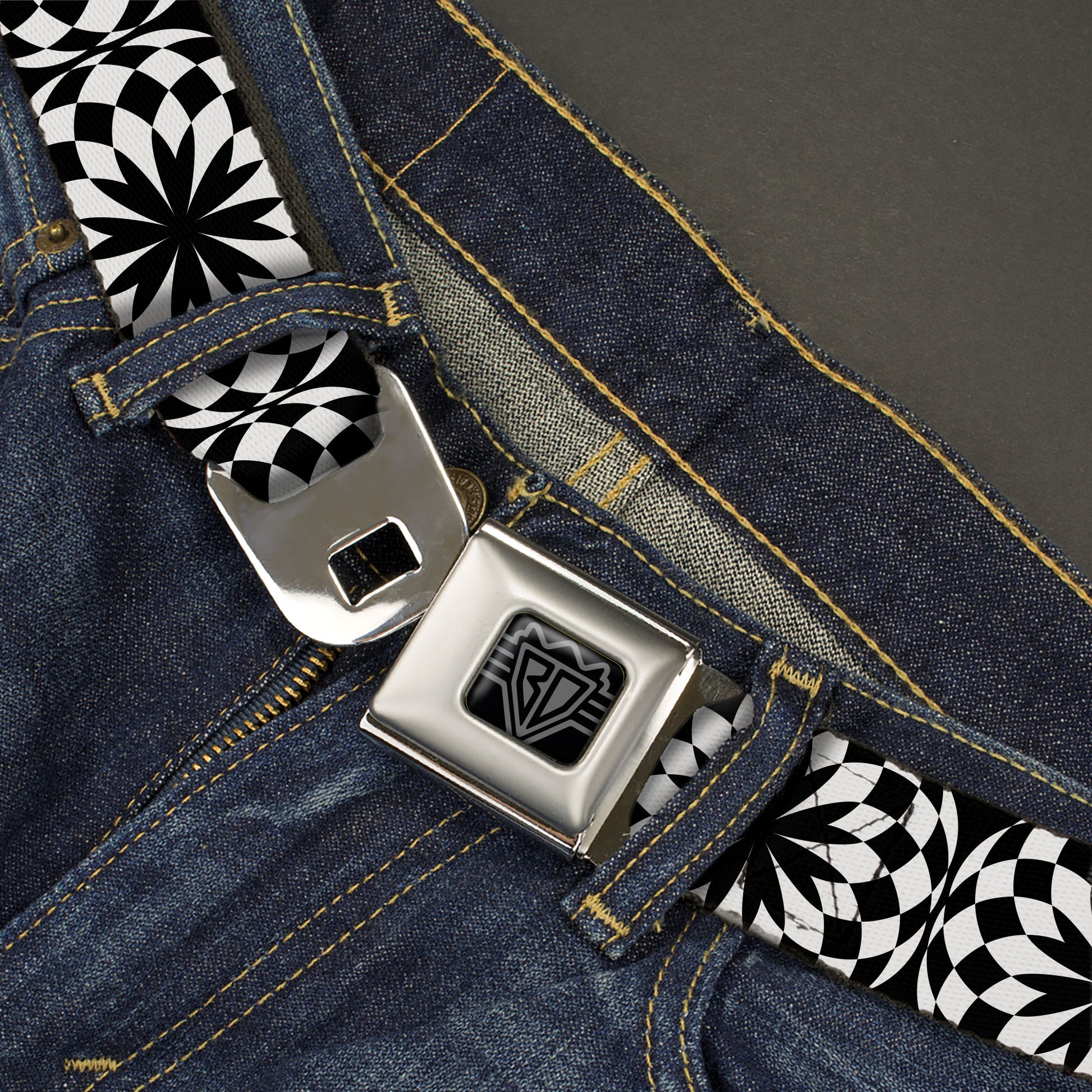 BD Wings Logo CLOSE-UP Full Color Black Silver Seatbelt Belt - Kaleidoscope Balls White/Black Webbing Seatbelt Belts Buckle-Down