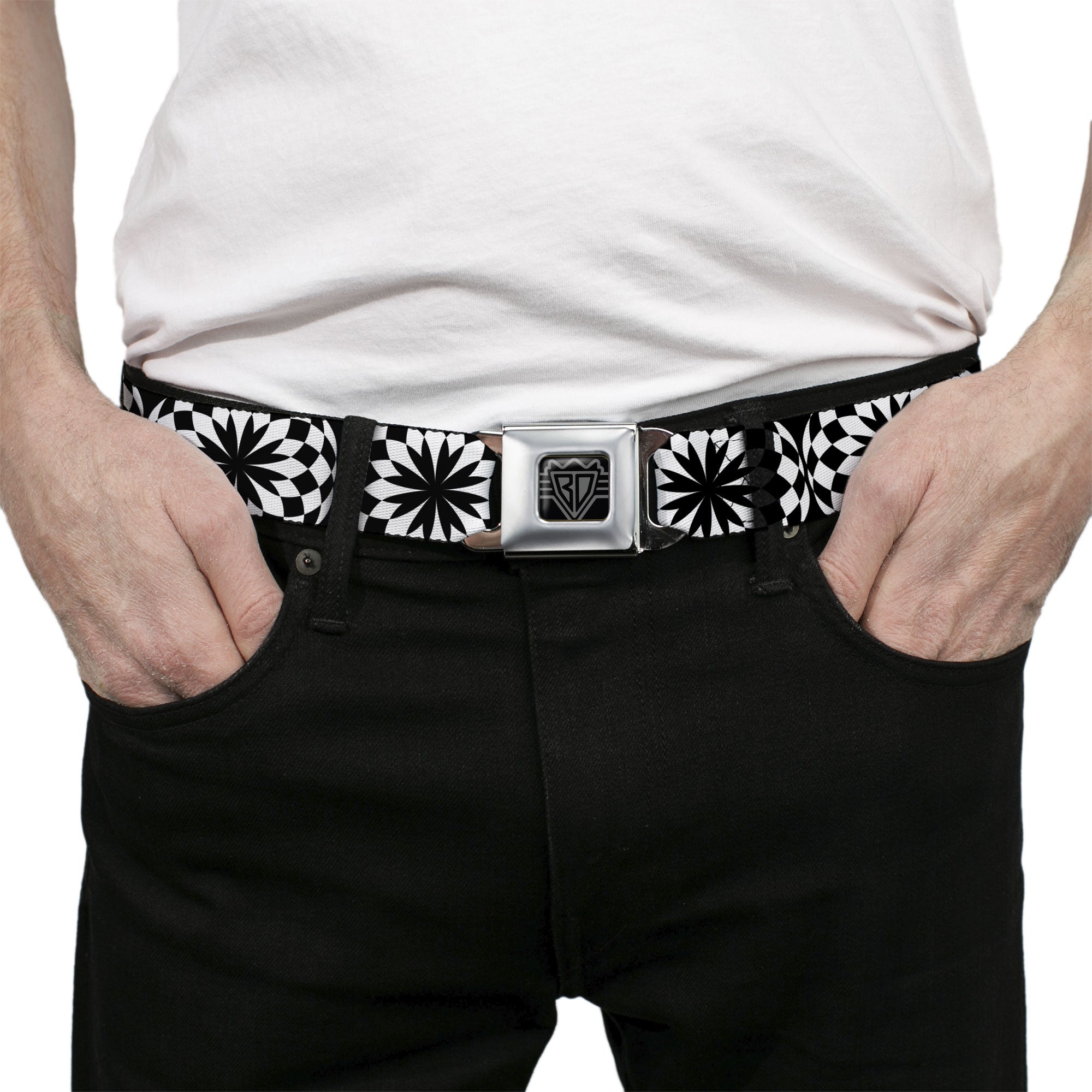 BD Wings Logo CLOSE-UP Full Color Black Silver Seatbelt Belt - Kaleidoscope Balls White/Black Webbing Seatbelt Belts Buckle-Down
