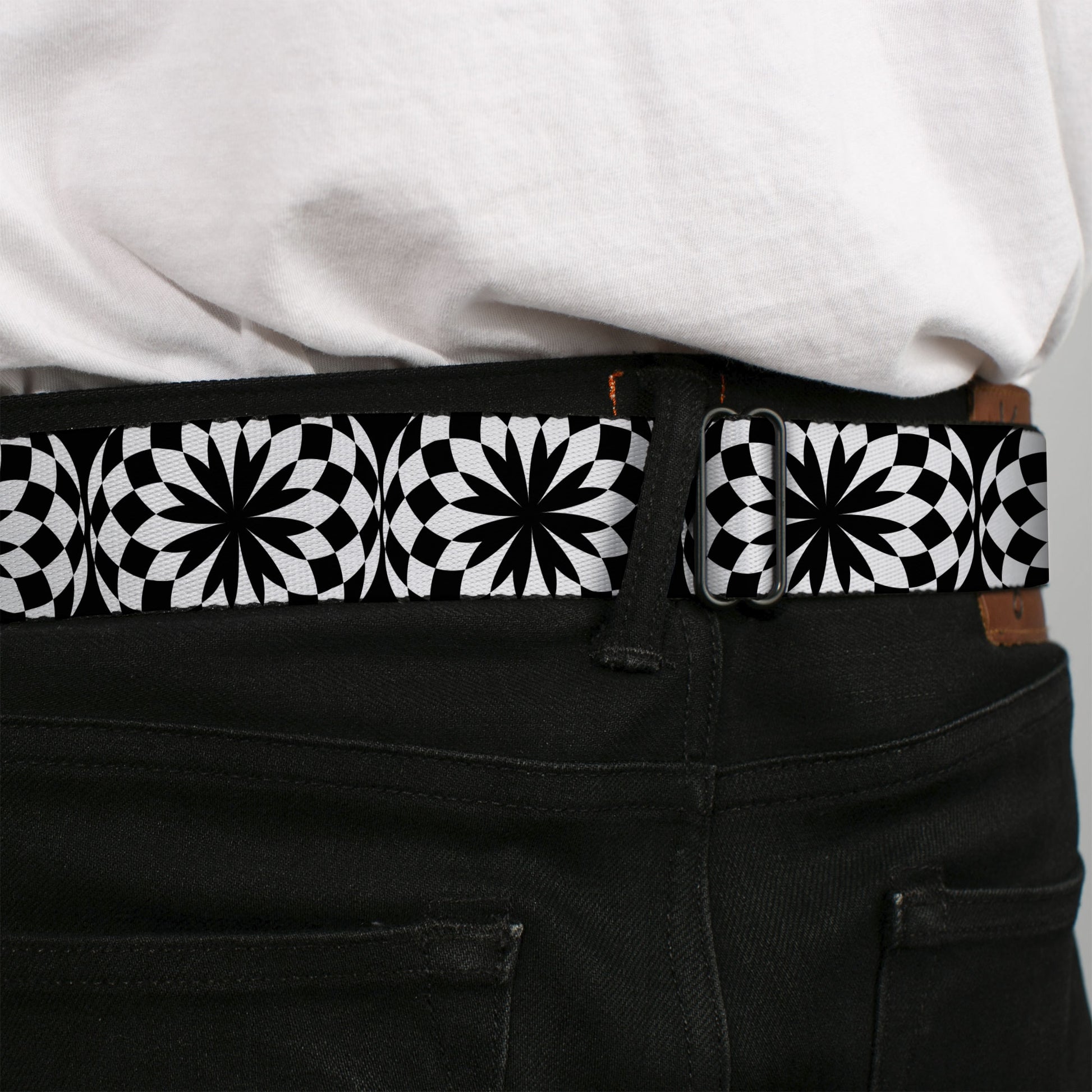 BD Wings Logo CLOSE-UP Full Color Black Silver Seatbelt Belt - Kaleidoscope Balls White/Black Webbing Seatbelt Belts Buckle-Down