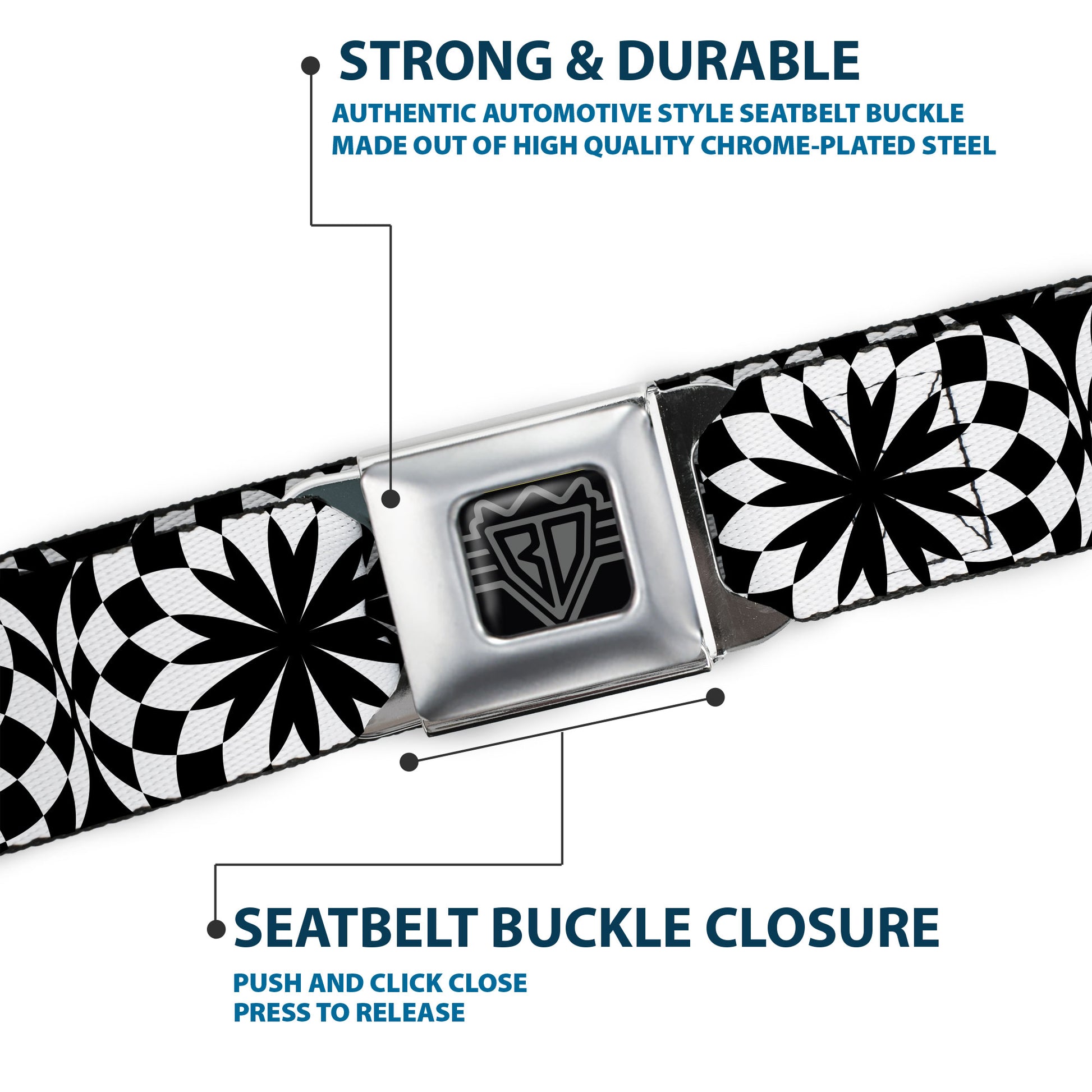 BD Wings Logo CLOSE-UP Full Color Black Silver Seatbelt Belt - Kaleidoscope Balls White/Black Webbing Seatbelt Belts Buckle-Down