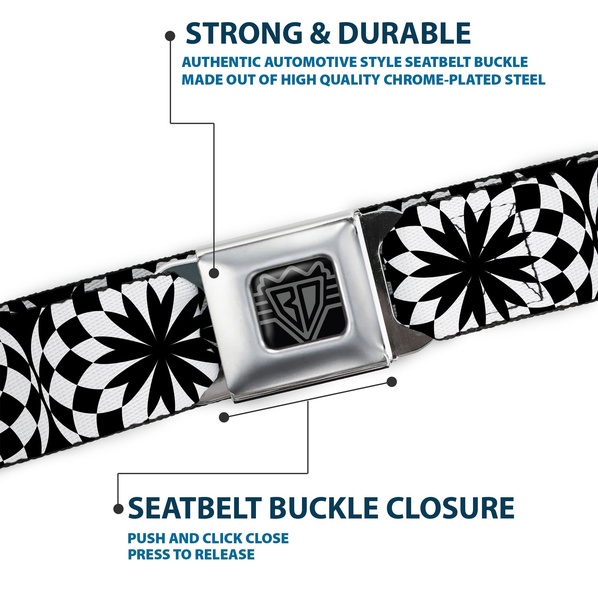 BD Wings Logo CLOSE-UP Full Color Black Silver Seatbelt Belt - Kaleidoscope Balls White/Black Webbing Seatbelt Belts Buckle-Down