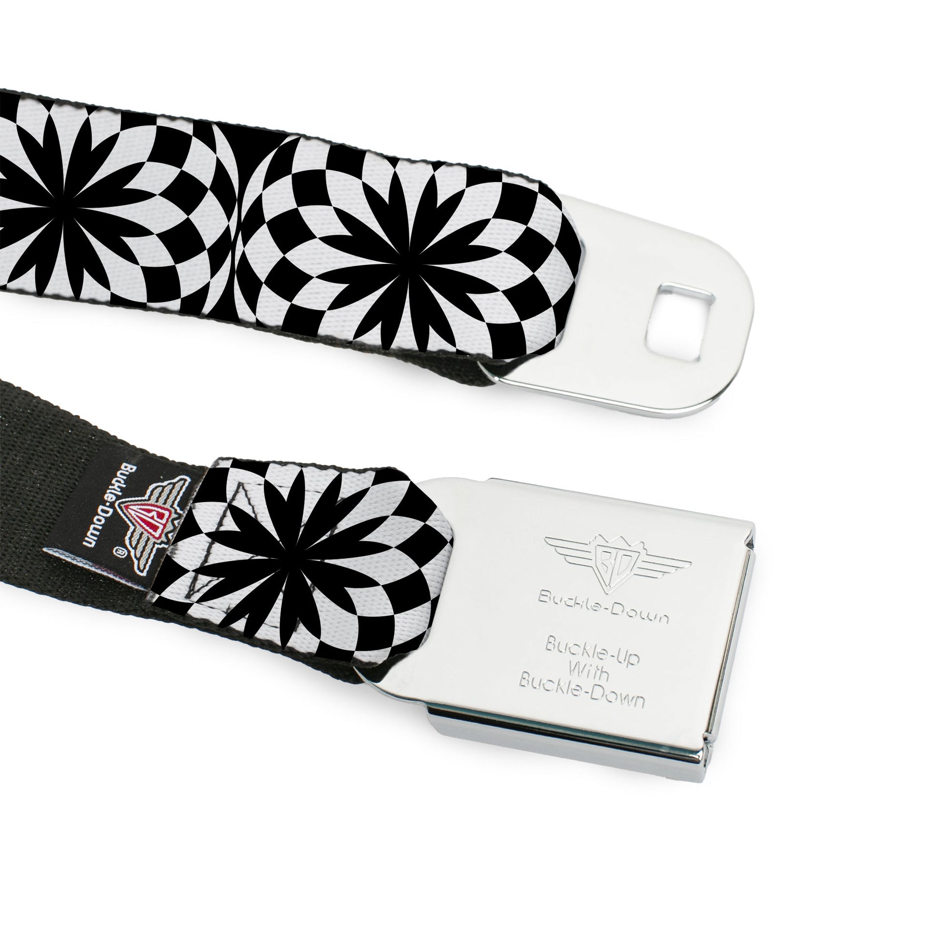 BD Wings Logo CLOSE-UP Full Color Black Silver Seatbelt Belt - Kaleidoscope Balls White/Black Webbing Seatbelt Belts Buckle-Down