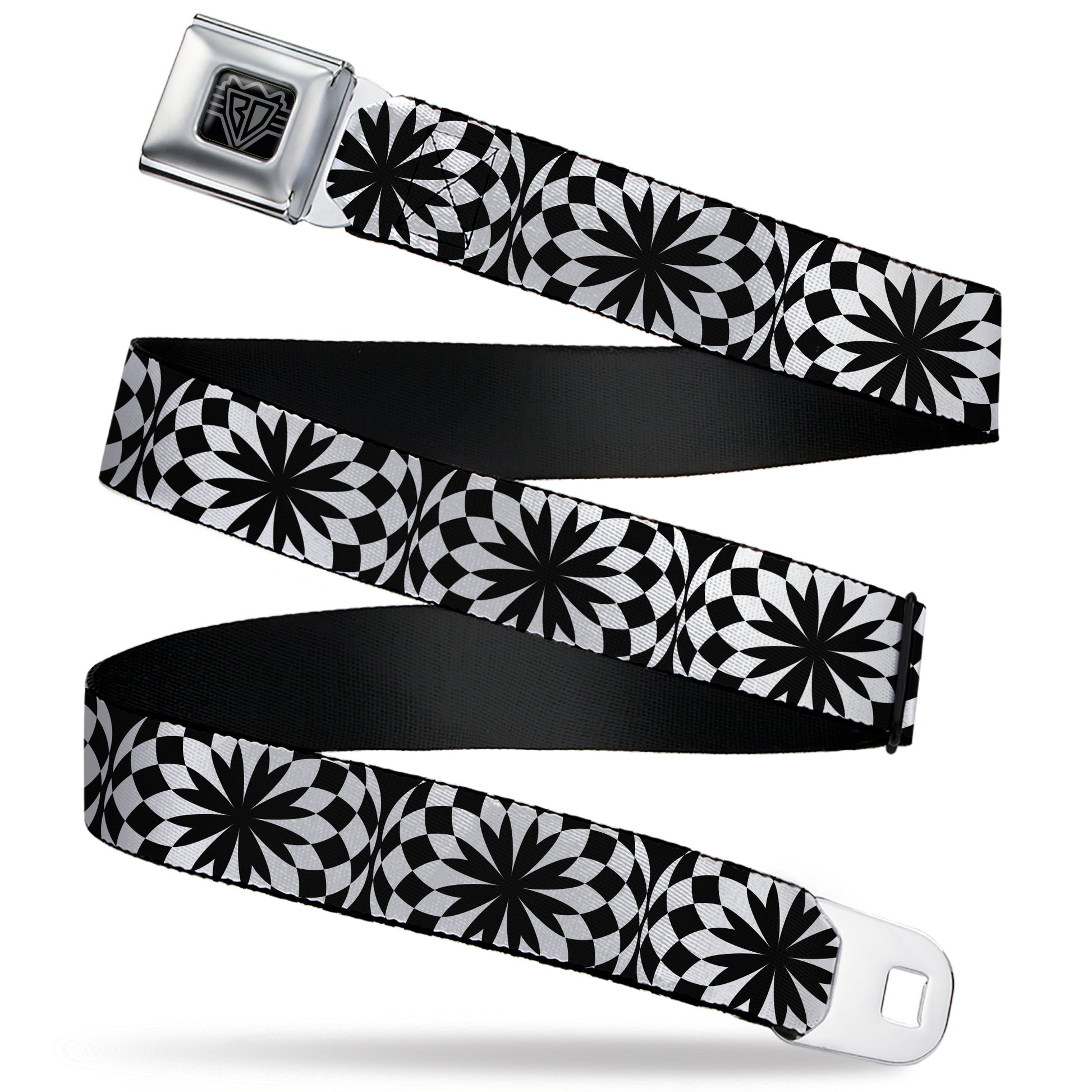 BD Wings Logo CLOSE-UP Full Color Black Silver Seatbelt Belt - Kaleidoscope Balls White/Black Webbing Seatbelt Belts Buckle-Down