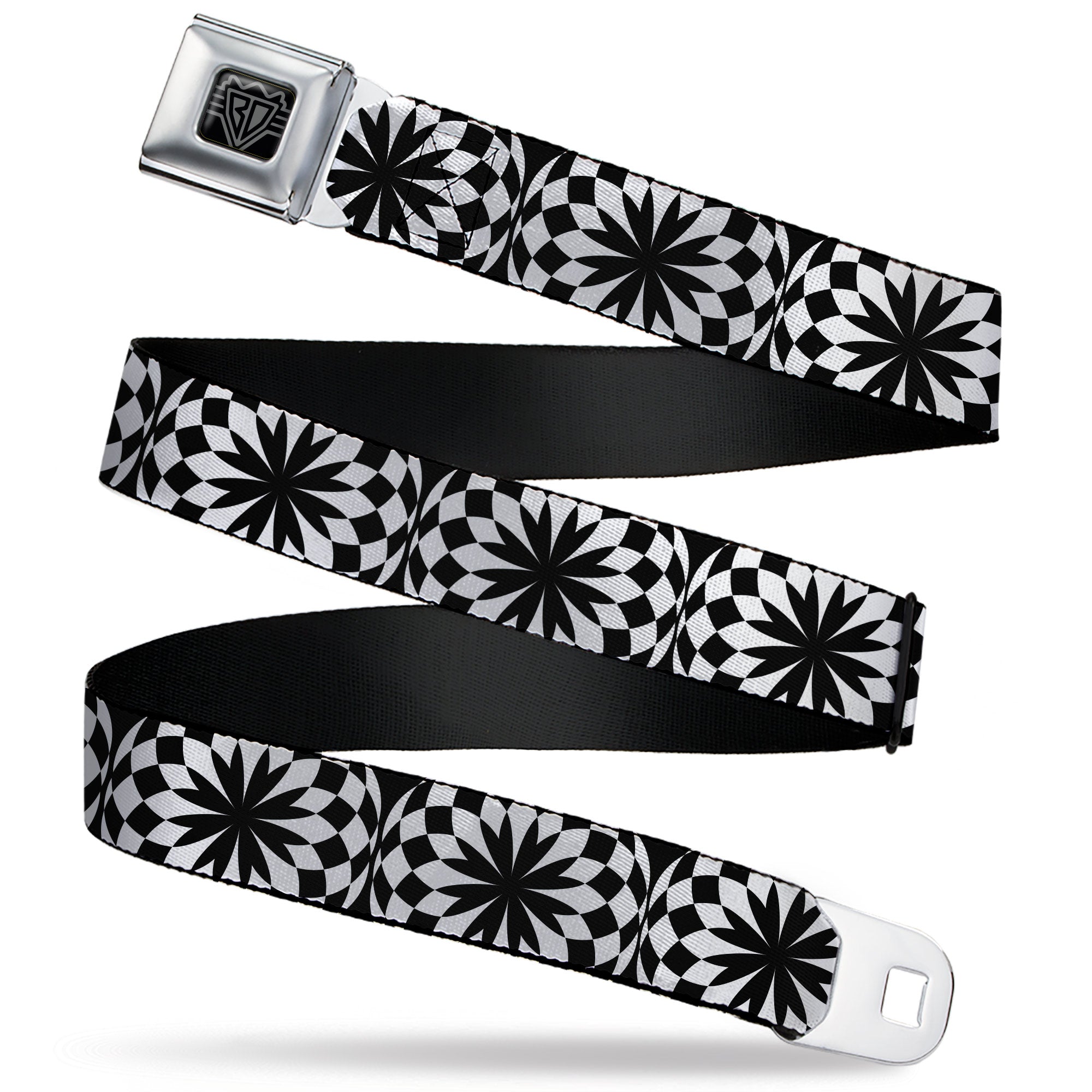 BD Wings Logo CLOSE-UP Full Color Black Silver Seatbelt Belt - Kaleidoscope Balls White/Black Webbing Seatbelt Belts Buckle-Down