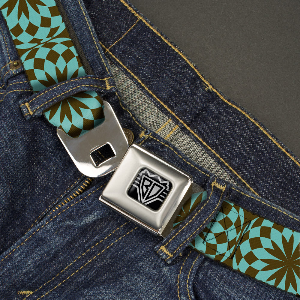 BD Wings Logo CLOSE-UP Full Color Black Silver Seatbelt Belt - Kaleidoscope Balls Turquoise/Brown Webbing Seatbelt Belts Buckle-Down