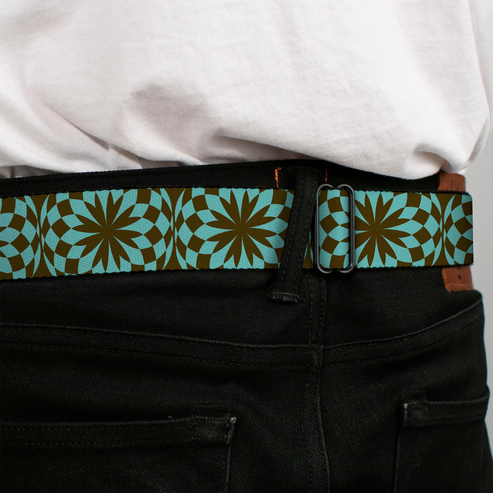 BD Wings Logo CLOSE-UP Full Color Black Silver Seatbelt Belt - Kaleidoscope Balls Turquoise/Brown Webbing Seatbelt Belts Buckle-Down