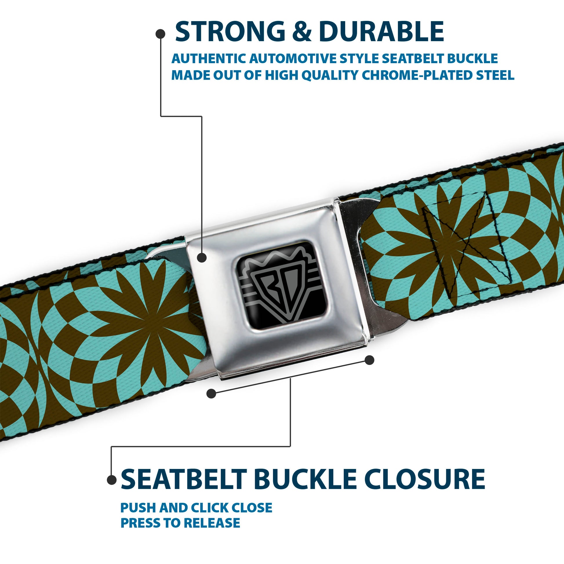 BD Wings Logo CLOSE-UP Full Color Black Silver Seatbelt Belt - Kaleidoscope Balls Turquoise/Brown Webbing Seatbelt Belts Buckle-Down