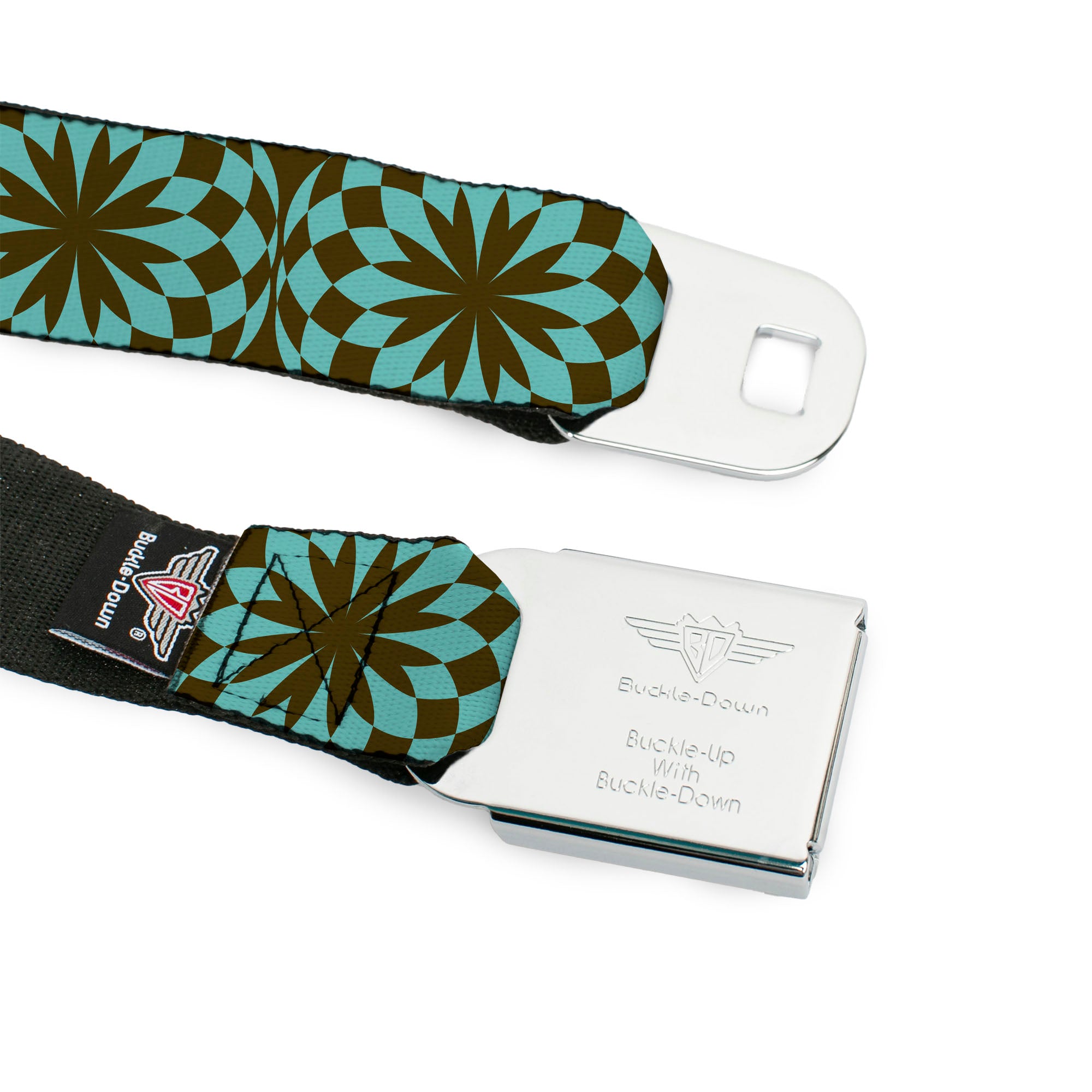 BD Wings Logo CLOSE-UP Full Color Black Silver Seatbelt Belt - Kaleidoscope Balls Turquoise/Brown Webbing Seatbelt Belts Buckle-Down
