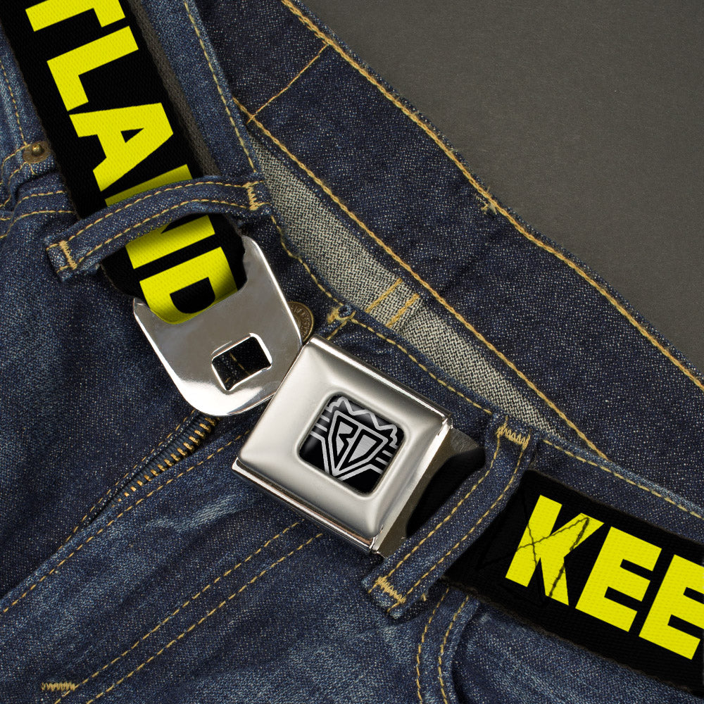 BD Wings Logo CLOSE-UP Full Color Black Silver Seatbelt Belt - KEEP PORTLAND WEIRD Black/Yellow Webbing Seatbelt Belts Buckle-Down