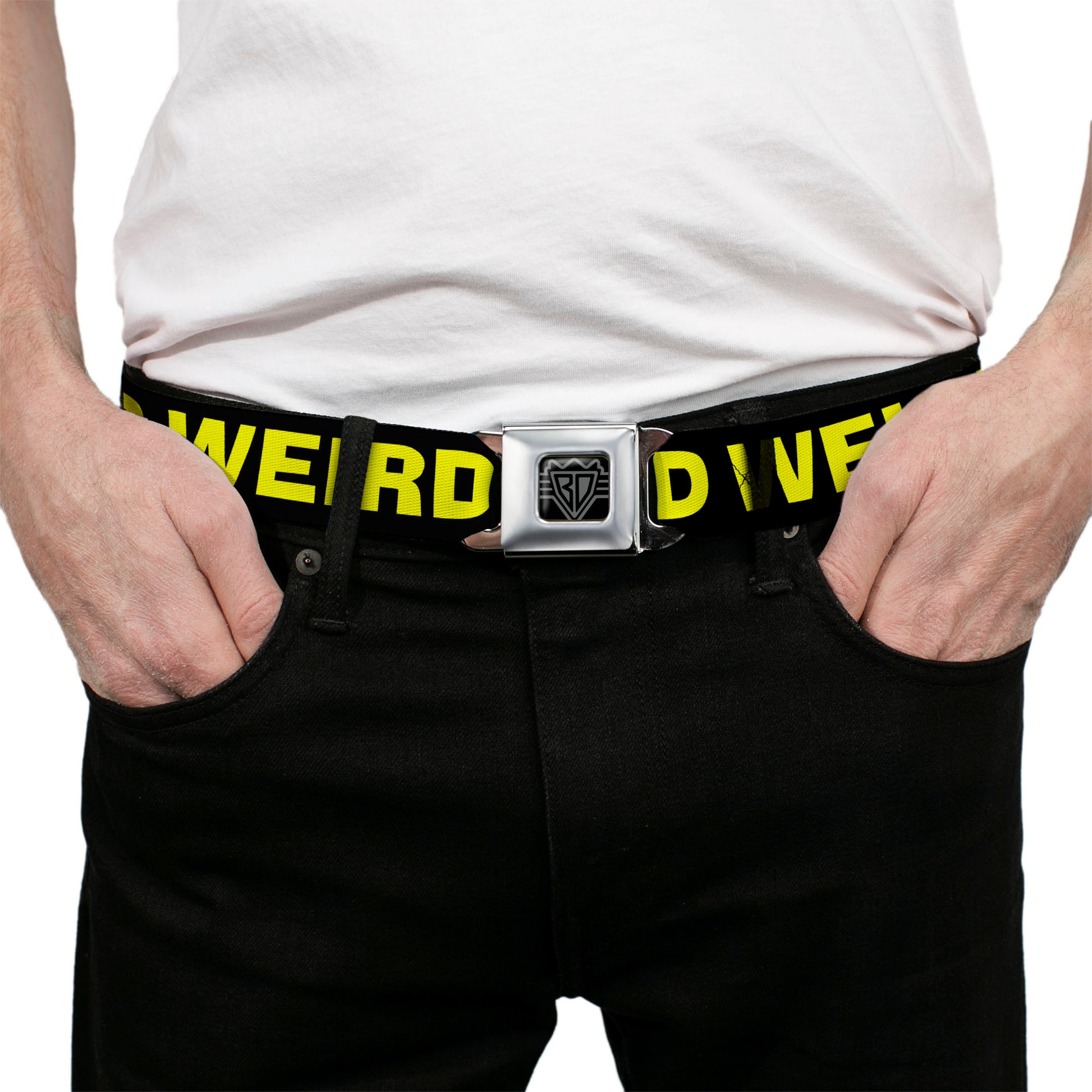 BD Wings Logo CLOSE-UP Full Color Black Silver Seatbelt Belt - KEEP PORTLAND WEIRD Black/Yellow Webbing Seatbelt Belts Buckle-Down
