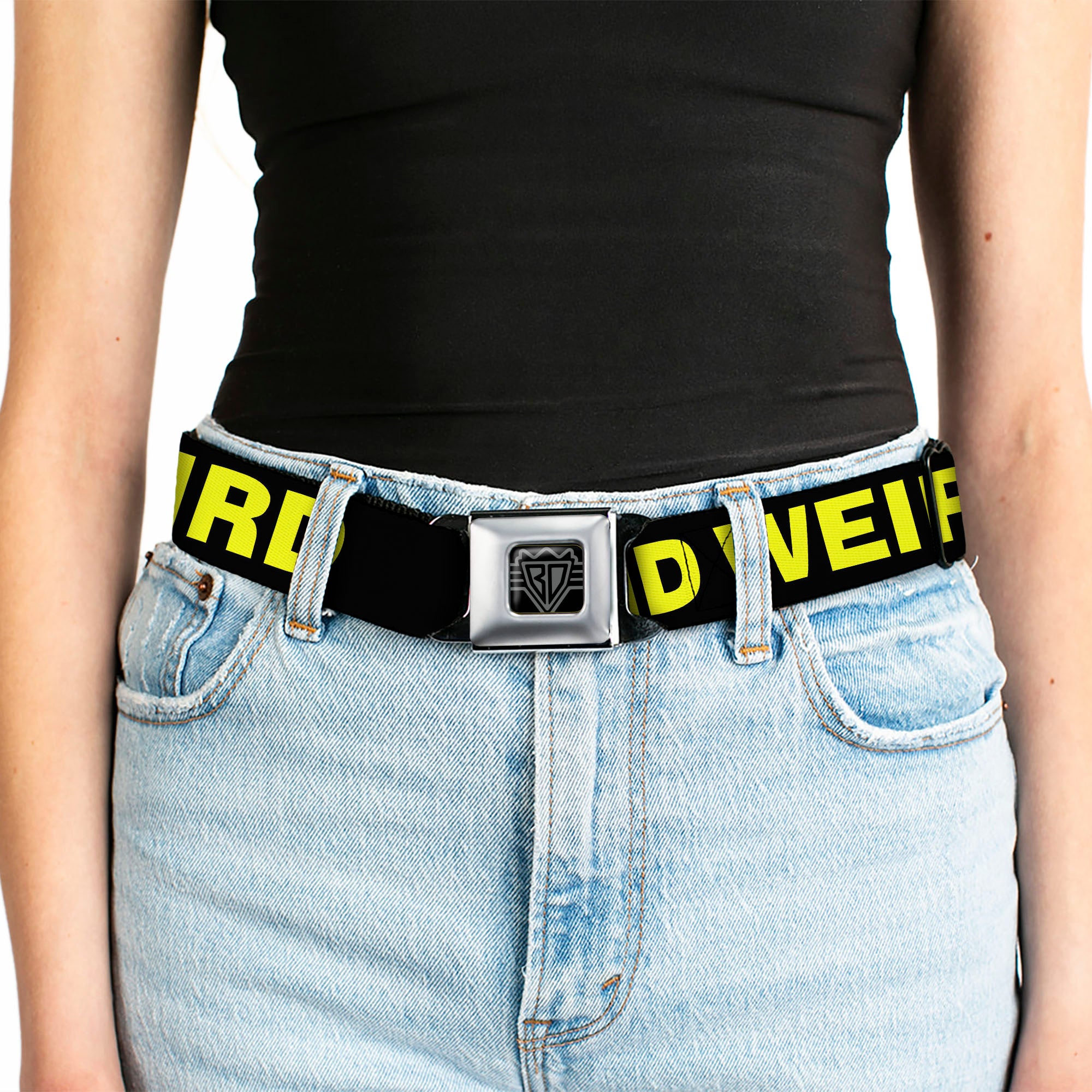 BD Wings Logo CLOSE-UP Full Color Black Silver Seatbelt Belt - KEEP PORTLAND WEIRD Black/Yellow Webbing Seatbelt Belts Buckle-Down