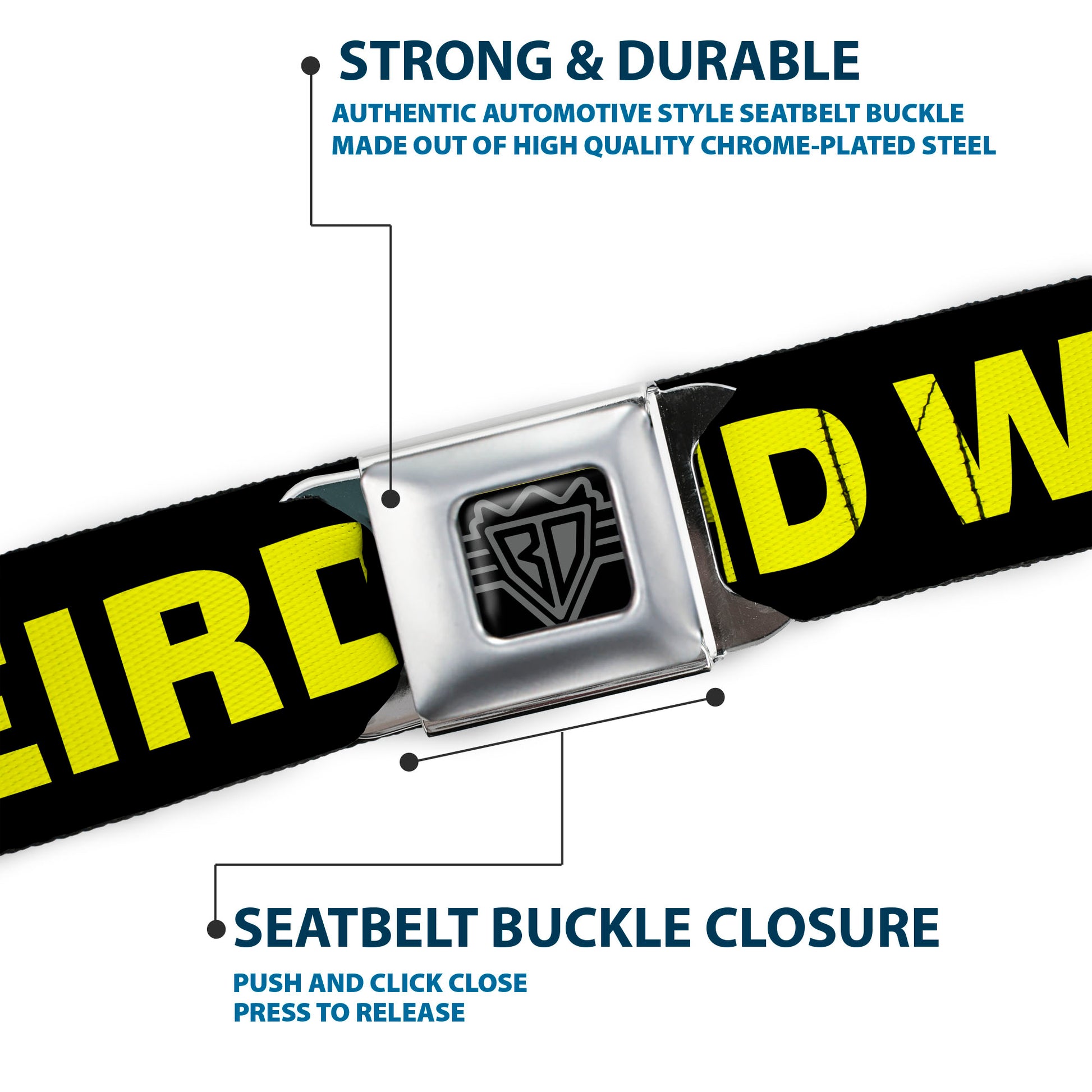 BD Wings Logo CLOSE-UP Full Color Black Silver Seatbelt Belt - KEEP PORTLAND WEIRD Black/Yellow Webbing Seatbelt Belts Buckle-Down