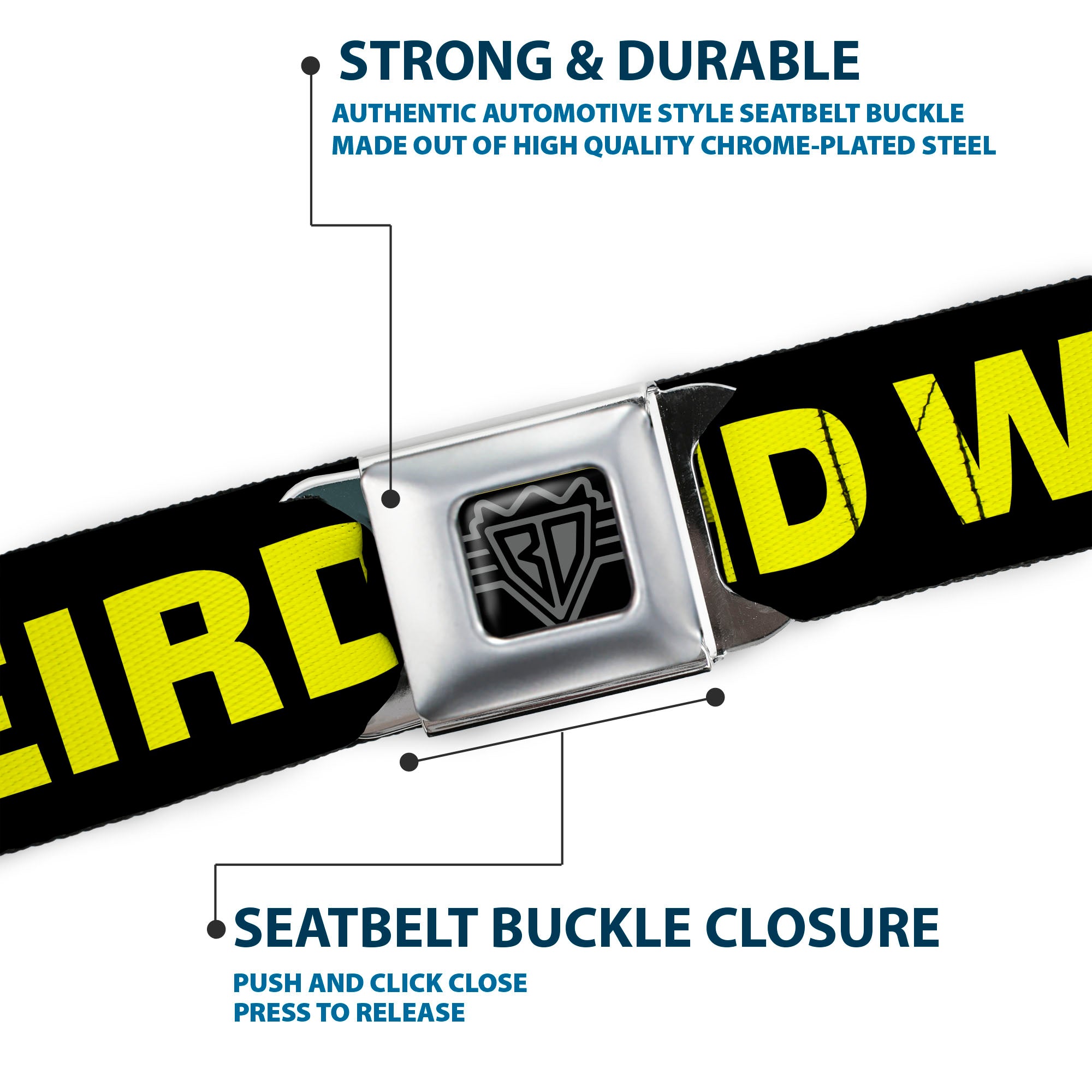 BD Wings Logo CLOSE-UP Full Color Black Silver Seatbelt Belt - KEEP PORTLAND WEIRD Black/Yellow Webbing Seatbelt Belts Buckle-Down