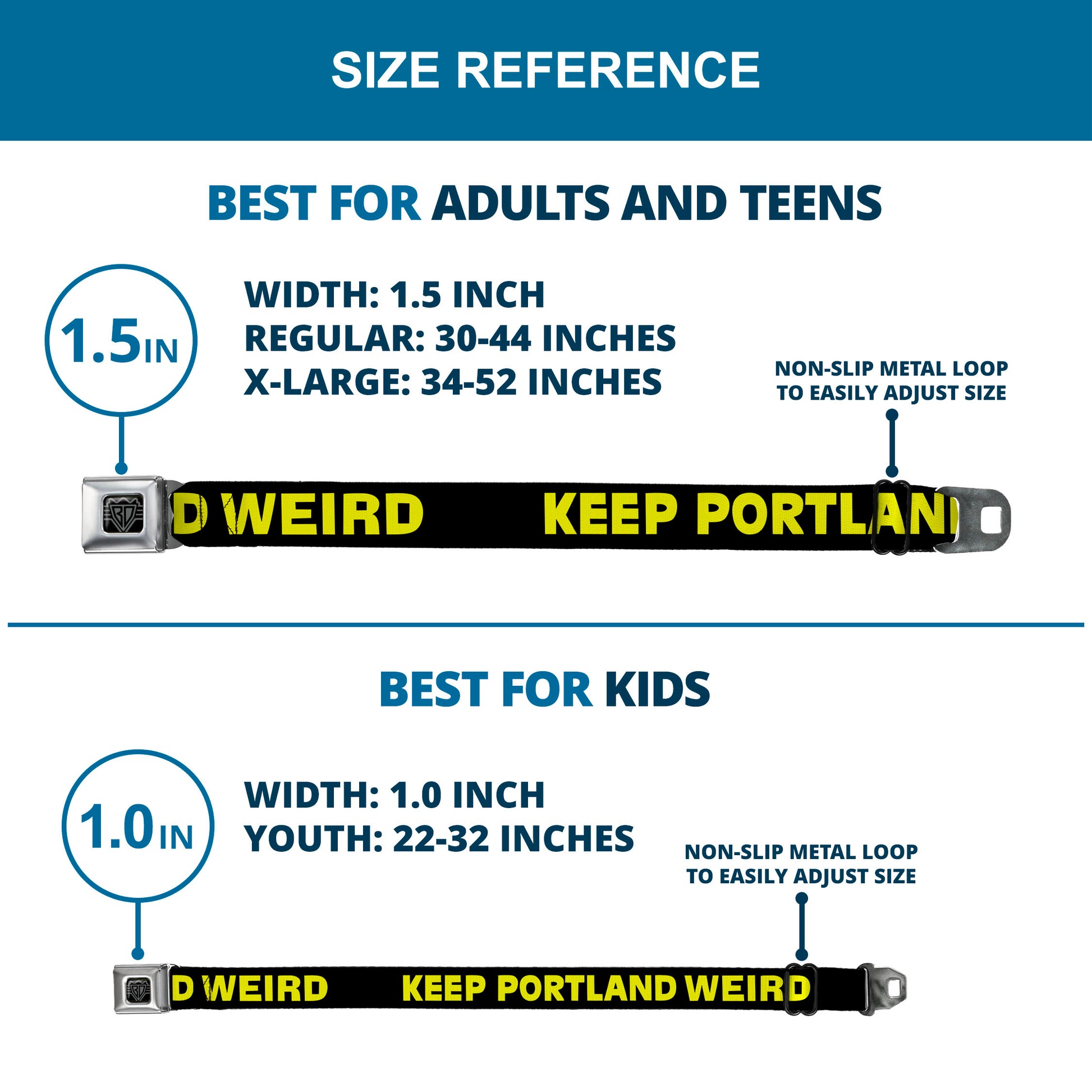 BD Wings Logo CLOSE-UP Full Color Black Silver Seatbelt Belt - KEEP PORTLAND WEIRD Black/Yellow Webbing Seatbelt Belts Buckle-Down