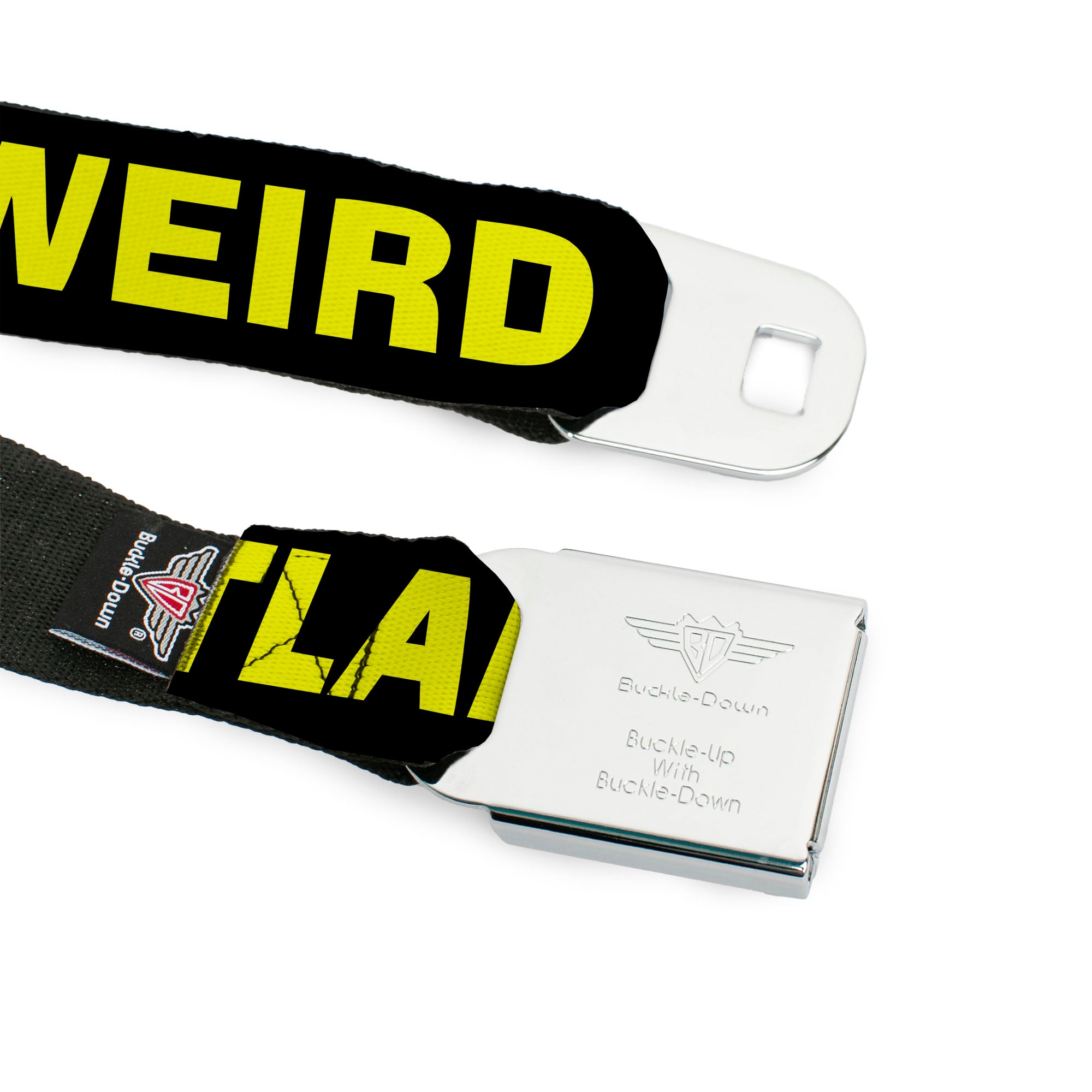 BD Wings Logo CLOSE-UP Full Color Black Silver Seatbelt Belt - KEEP PORTLAND WEIRD Black/Yellow Webbing Seatbelt Belts Buckle-Down
