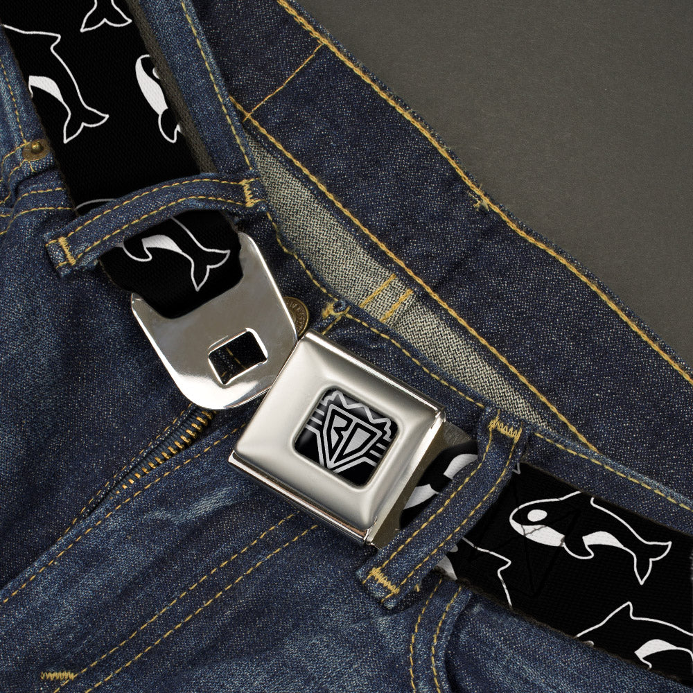 BD Wings Logo CLOSE-UP Full Color Black Silver Seatbelt Belt - Killer Whales Black/White Webbing Seatbelt Belts Buckle-Down
