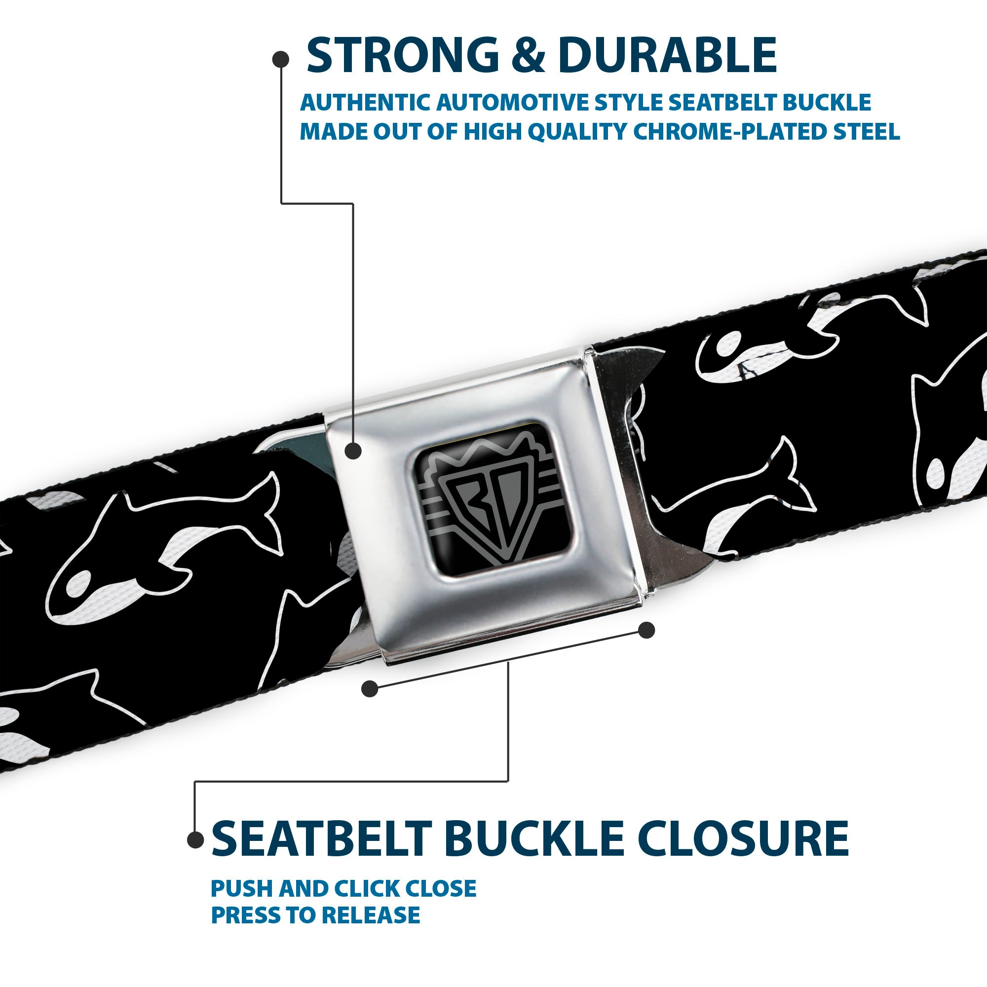 BD Wings Logo CLOSE-UP Full Color Black Silver Seatbelt Belt - Killer Whales Black/White Webbing Seatbelt Belts Buckle-Down