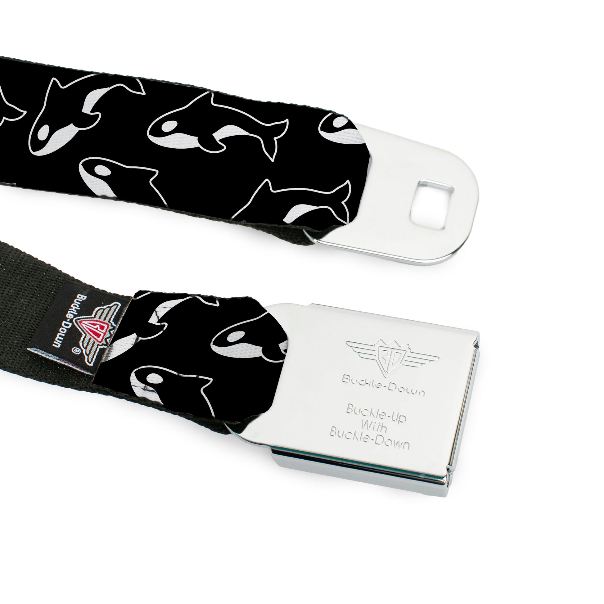 BD Wings Logo CLOSE-UP Full Color Black Silver Seatbelt Belt - Killer Whales Black/White Webbing Seatbelt Belts Buckle-Down