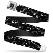 BD Wings Logo CLOSE-UP Full Color Black Silver Seatbelt Belt - Killer Whales Black/White Webbing Seatbelt Belts Buckle-Down