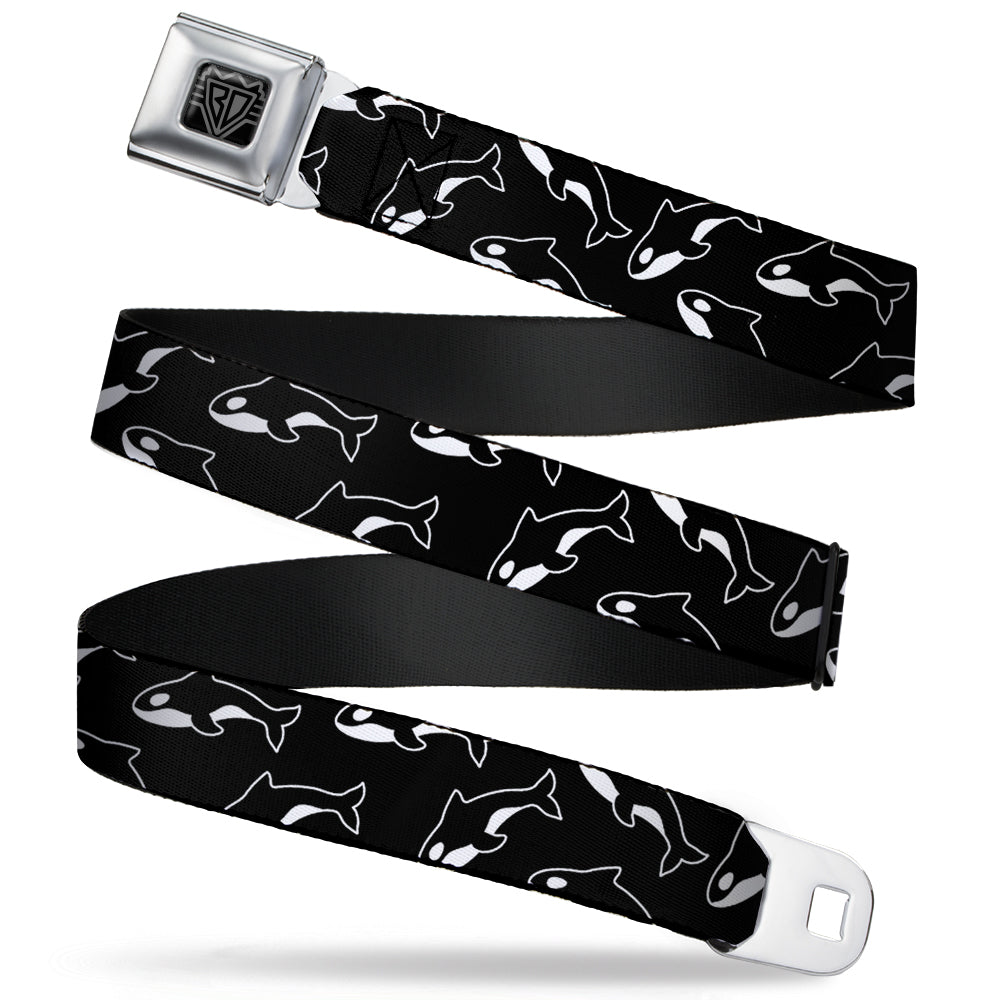 BD Wings Logo CLOSE-UP Full Color Black Silver Seatbelt Belt - Killer Whales Black/White Webbing Seatbelt Belts Buckle-Down