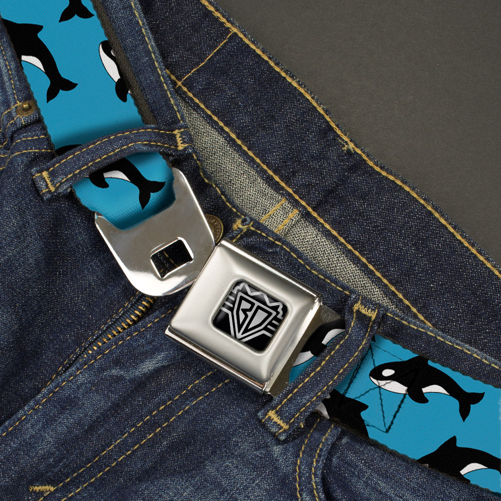 BD Wings Logo CLOSE-UP Full Color Black Silver Seatbelt Belt - Killer Whales Scattered Blue/Black/White Webbing Seatbelt Belts Buckle-Down