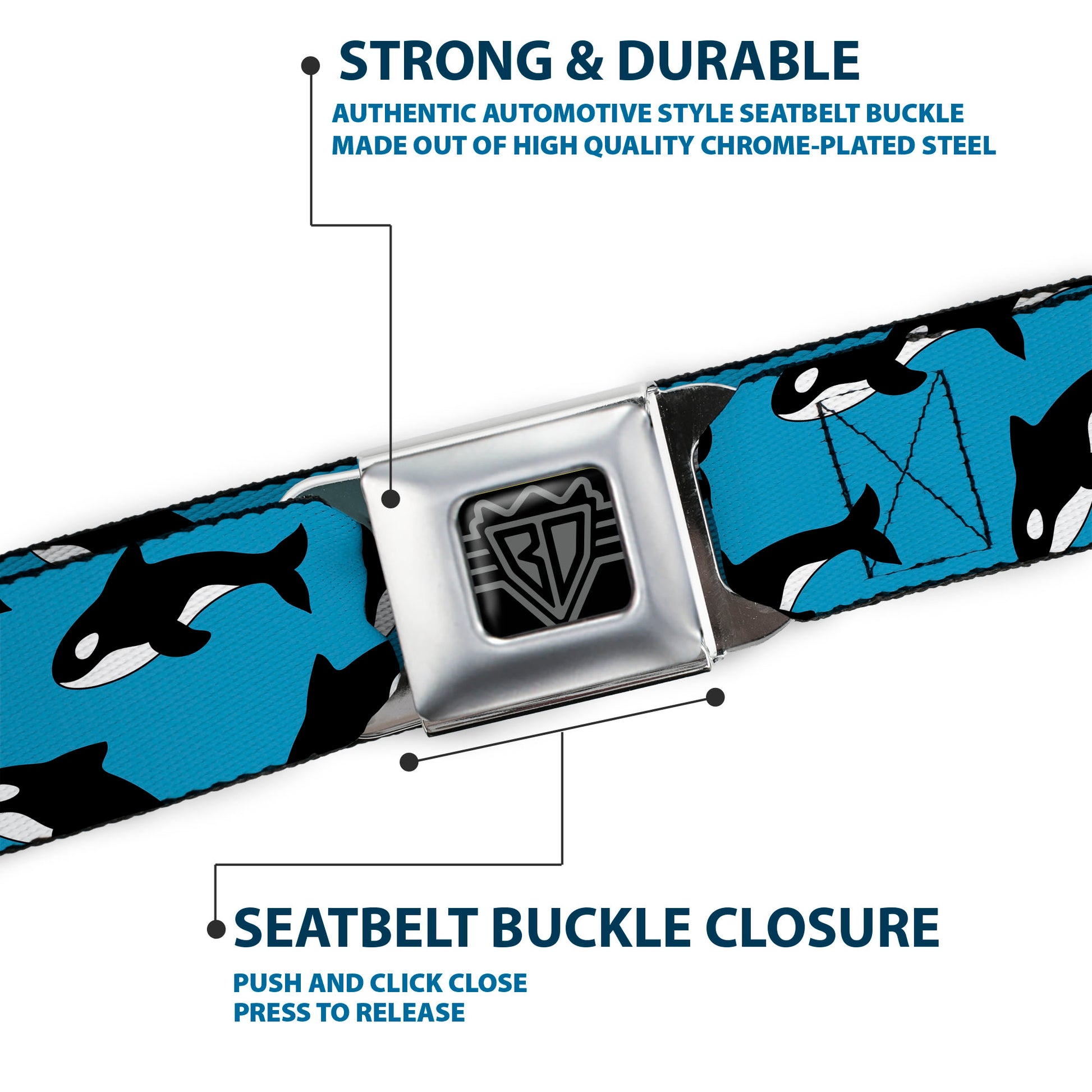 BD Wings Logo CLOSE-UP Full Color Black Silver Seatbelt Belt - Killer Whales Scattered Blue/Black/White Webbing Seatbelt Belts Buckle-Down