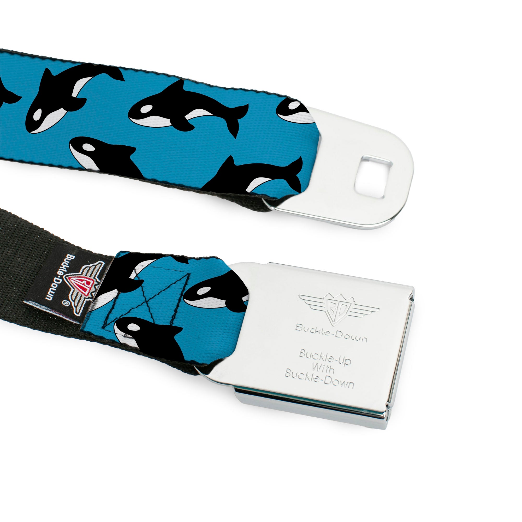 BD Wings Logo CLOSE-UP Full Color Black Silver Seatbelt Belt - Killer Whales Scattered Blue/Black/White Webbing Seatbelt Belts Buckle-Down