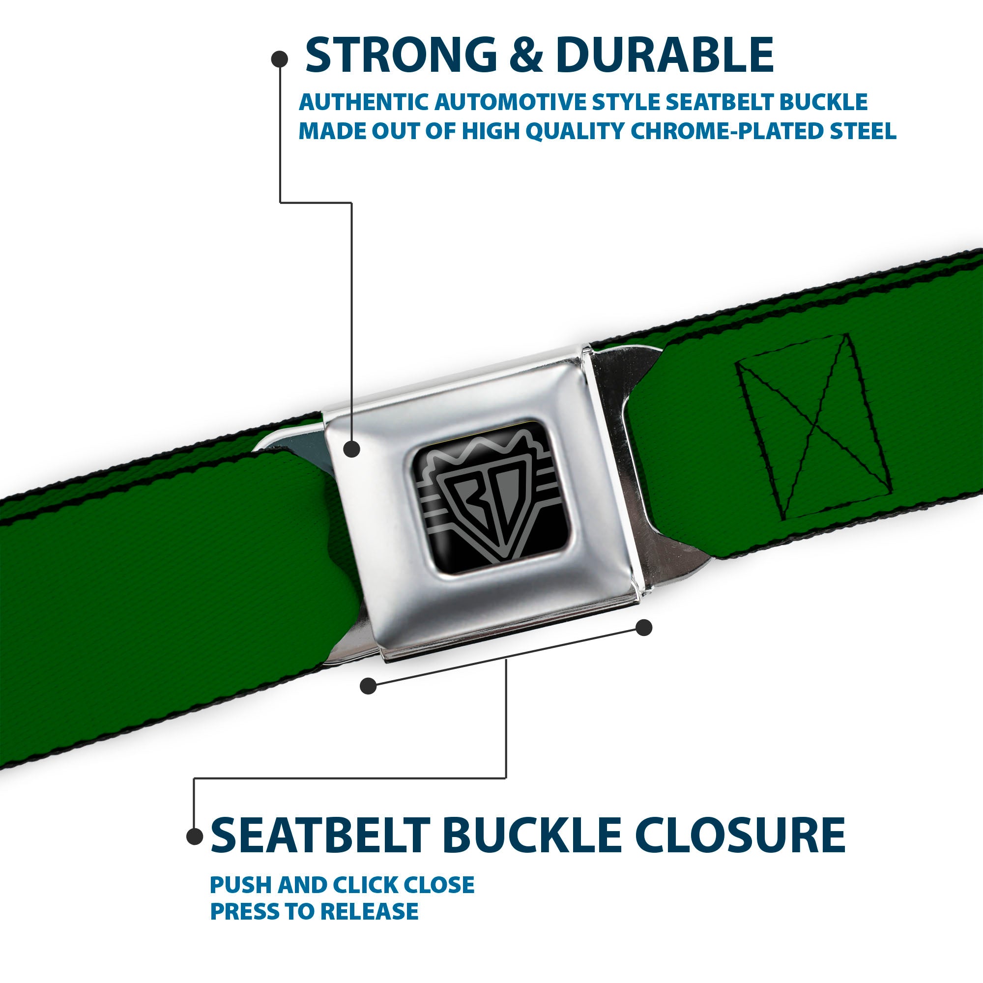 BD Wings Logo CLOSE-UP Full Color Black Silver Seatbelt Belt - Kelly Green Print Webbing Seatbelt Belts Buckle-Down