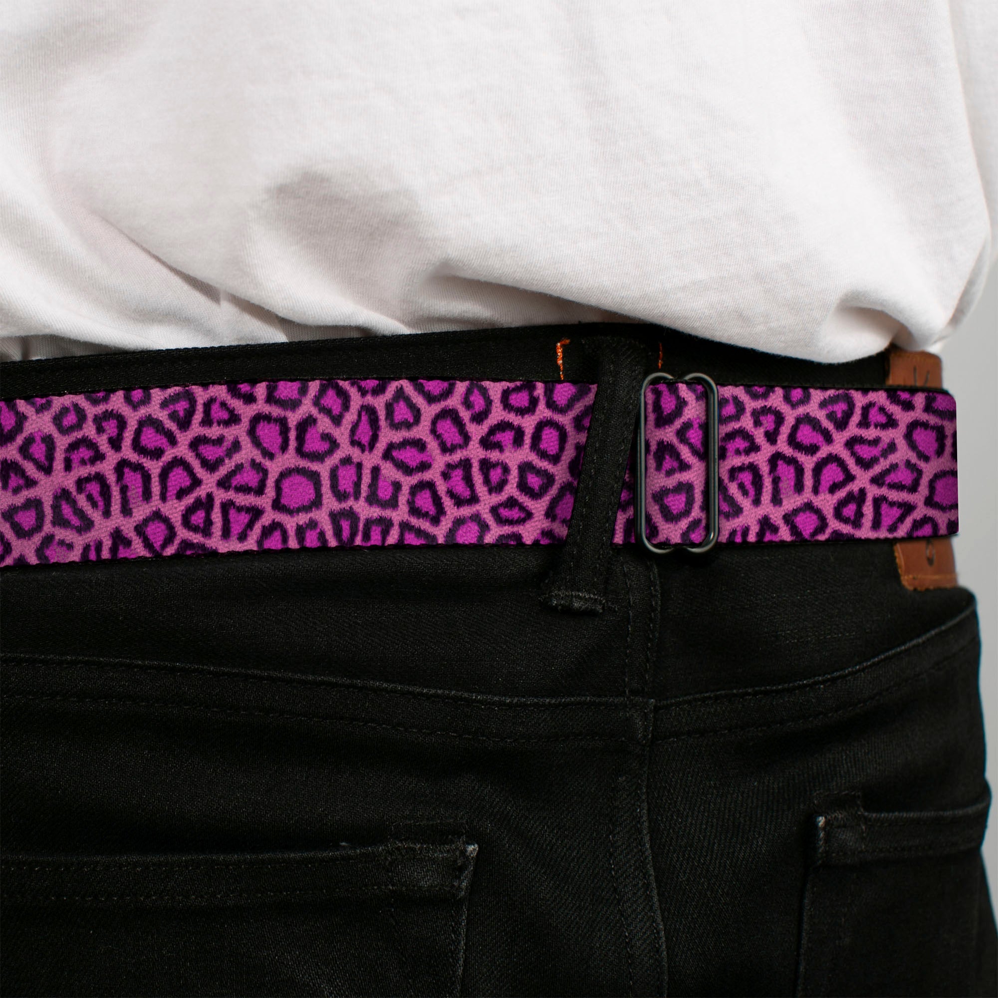 BD Wings Logo CLOSE-UP Full Color Black Silver Seatbelt Belt - Leopard Pink Fuchsia Webbing Seatbelt Belts Buckle-Down