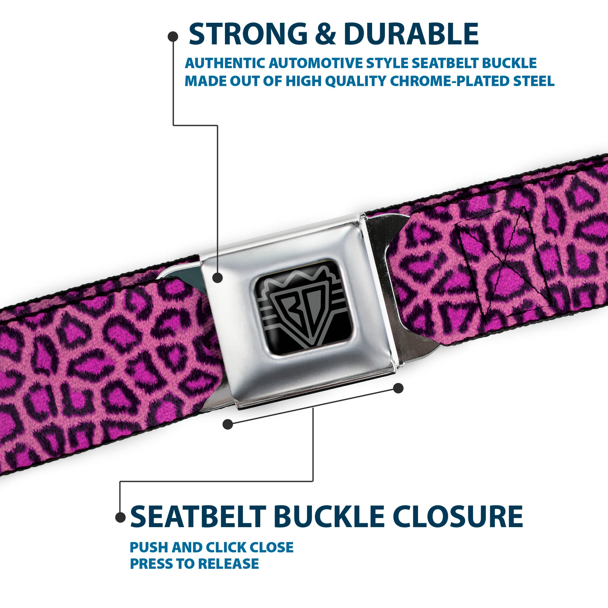 BD Wings Logo CLOSE-UP Full Color Black Silver Seatbelt Belt - Leopard Pink Fuchsia Webbing Seatbelt Belts Buckle-Down