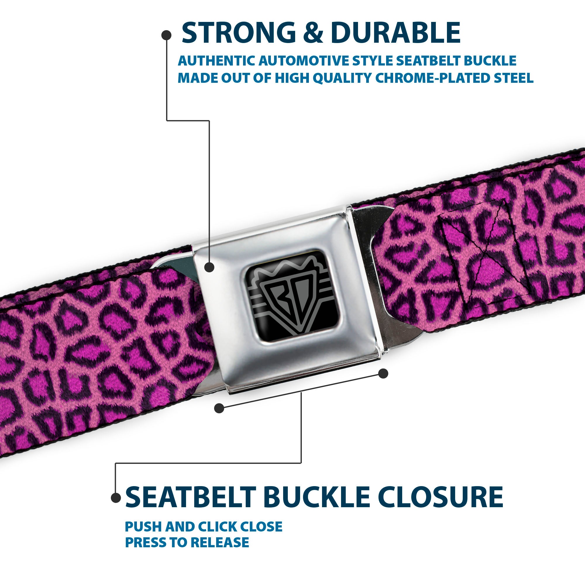 BD Wings Logo CLOSE-UP Full Color Black Silver Seatbelt Belt - Leopard Pink Fuchsia Webbing Seatbelt Belts Buckle-Down