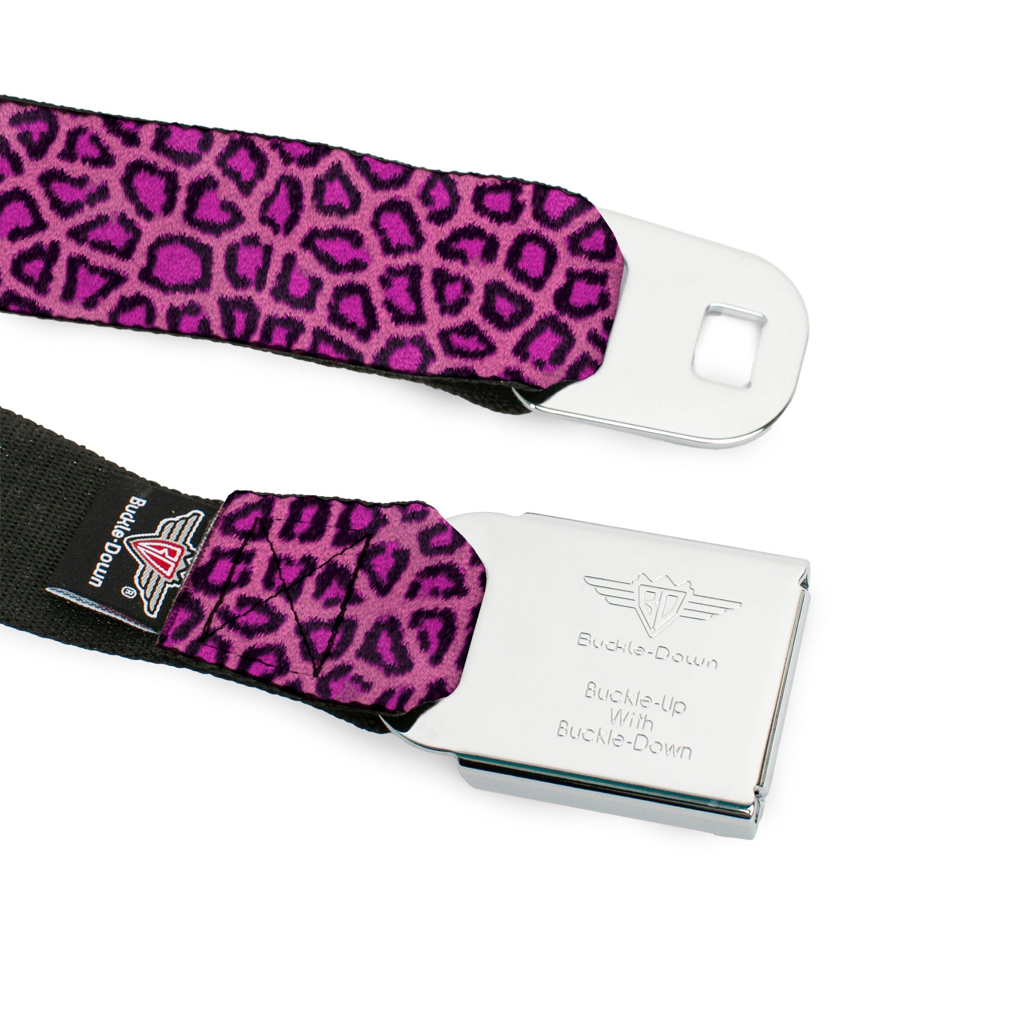BD Wings Logo CLOSE-UP Full Color Black Silver Seatbelt Belt - Leopard Pink Fuchsia Webbing Seatbelt Belts Buckle-Down